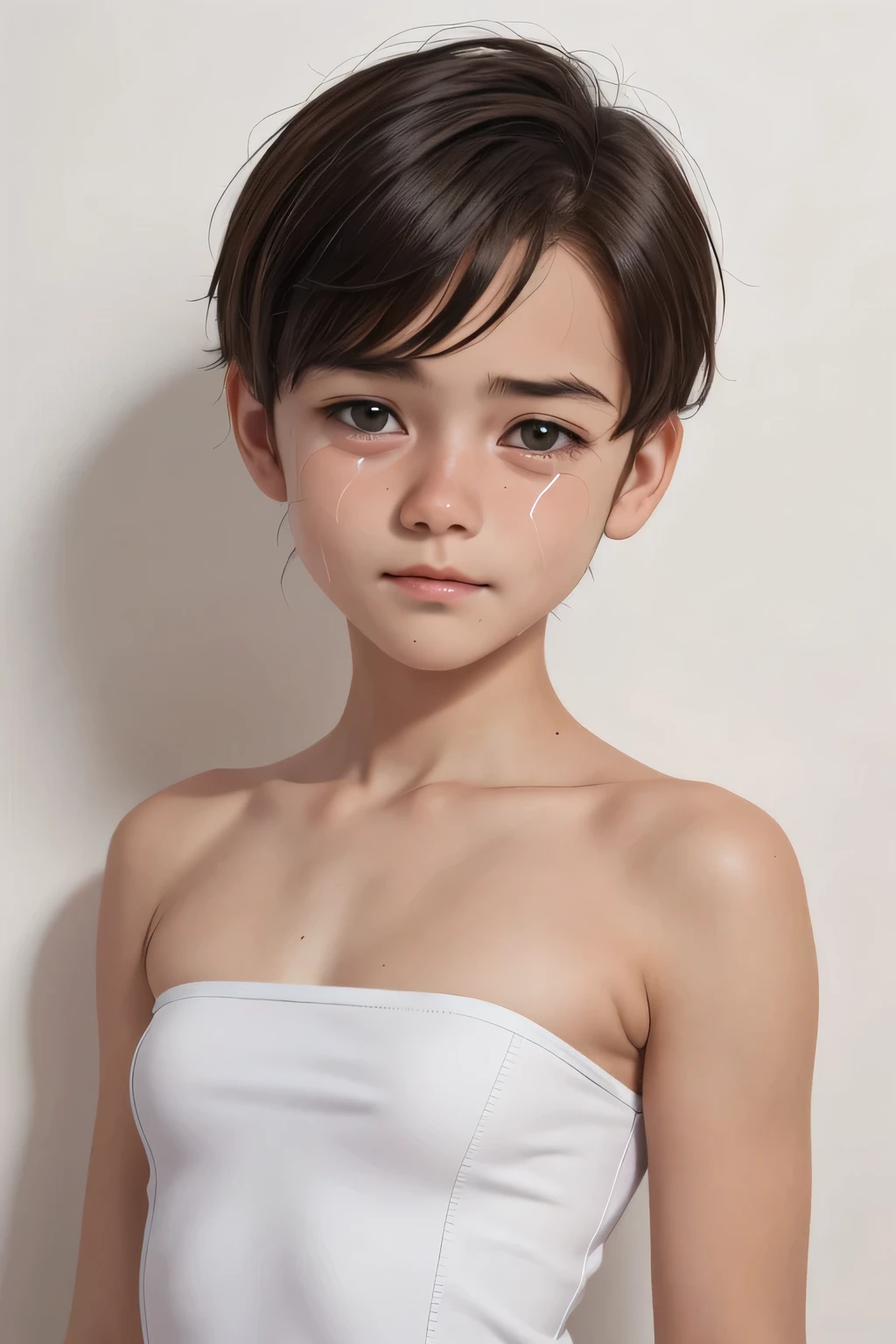 ((Femboy)), Shorthaircut Stylish, adorable, 1 femboy, (face to face), , ((*********)), (cry sad face expression), half body portrait, (face details: 1), (eye details: 1), ((Tiny breasts:1.3)), Cute posed. proportional body. Ultra High Res. realistic: 1.4, UHD, MINI STRAPLESS 