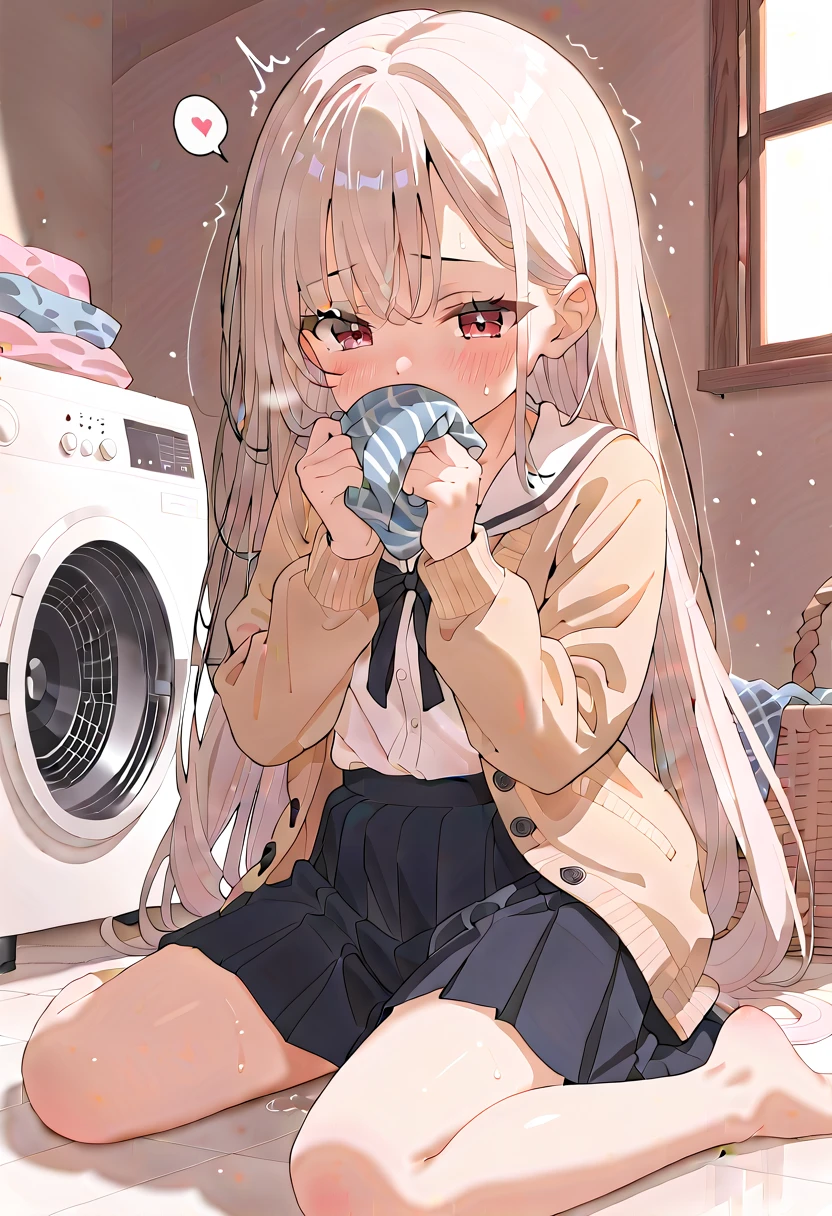 (masterpiece,beautiful,hughres,CG,8k,16k,best quality,high-resolution,detailed fingers,detailed hands,detailed legs,detailed eyes:1.5),anime,source anime,illustration,panties focus,1girl,solo,(indoors,a washing machine ,laundry basket:1.5),(on floor:1.2),(white hair:1.5),(very long hair,straight hair:1.5),(school uniform,white shirt,cardigan,black tights,pleated skirt,black skirt:1.3),(white panties:1.6),small breasts,sitting,(smelling black pants:1.5),(smelling,kunka:1.4),covering mouth,(skirt tug:1.5),(m legs,folded:1.4),(female orgasm,pussy juice:1.3),(trembling:1.4),(gasping,heavy breathing,blush:1.5),(impatience1.1),flustered,(fidgeting around:1.4),(steam:1.2),(sweat skin:1.4),(streaming tears:1.2),drooling,looking away,(looking down:1.4),(spoken heart:1.2),(narrow one's eyes:1.6)
