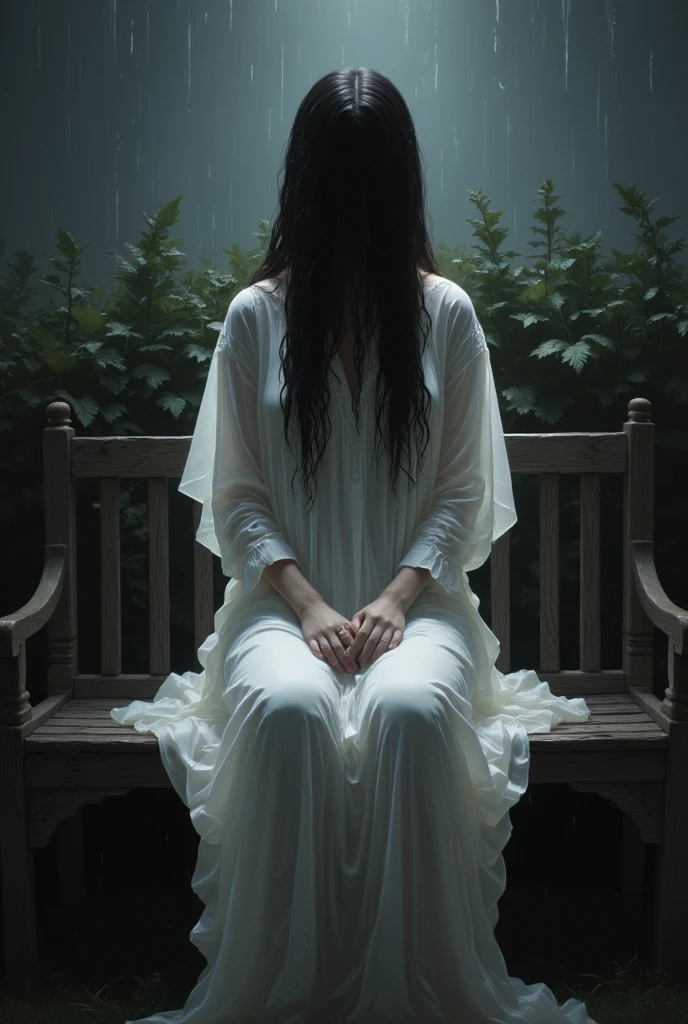 a woman, with long hair covered her face, wearing wet white oversized longdress, sittingvon wooden garden seat bench under the heavy rain at night, dark bush in the background. 