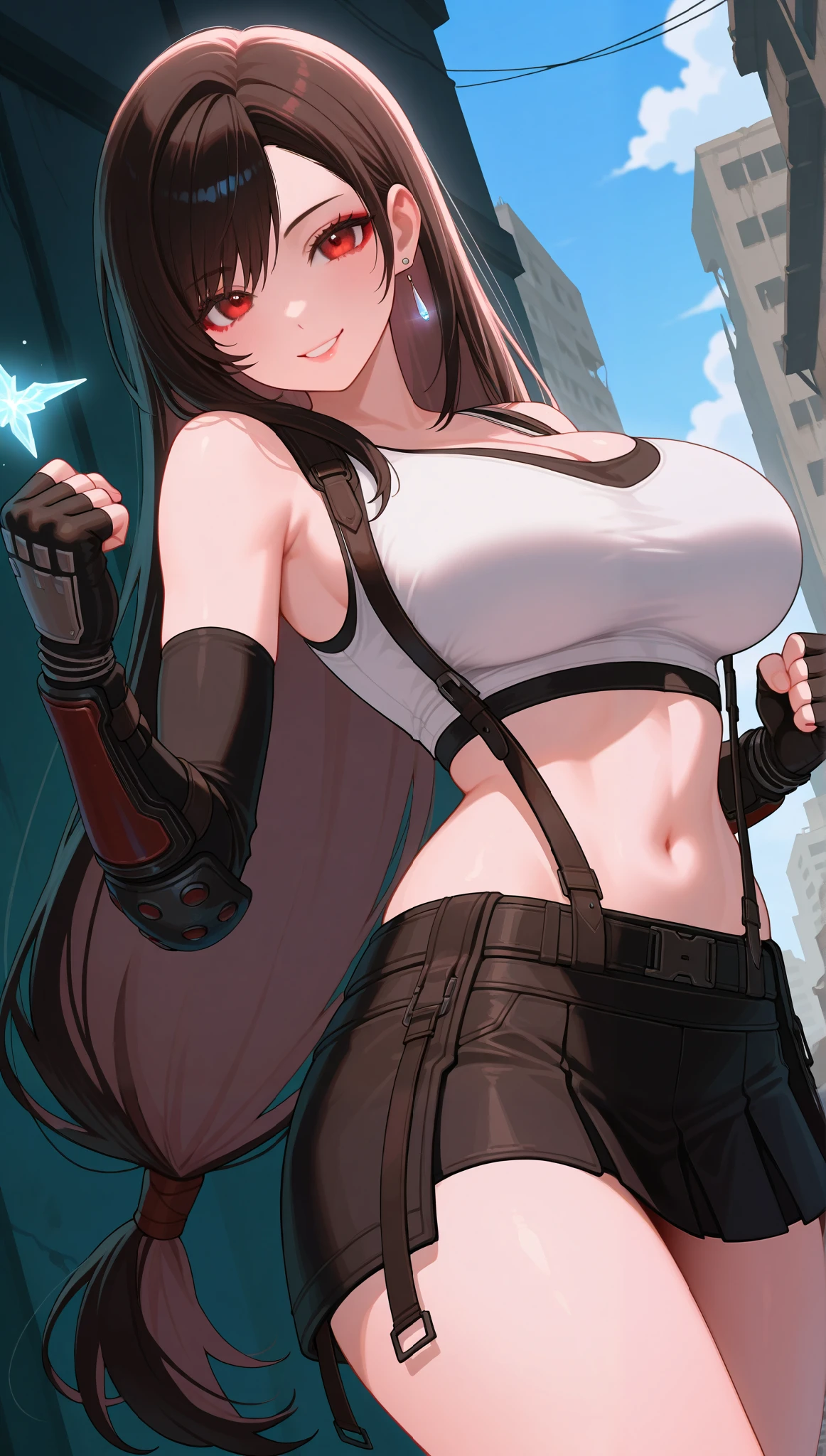 (masterpiece), (portrait), big breasts (aesthetics), ((1 female 21 years old)), Highlight earrings), ((long hair)), ((Hot crystal black hair)), ((Tifa Lockhart)) straight hair, thin eyes open, red eyes, cute, naughty smile, woman, feminine, beautiful, female features, top, high quality, aesthetic clothing, professional angle, (rule of thirds), (feminine), (feminine), (feminine), (beautiful) , (female ) features), solo, (Korean attractive), summer, (ink haze), (afternoon), (vibrant light), seductive posture, ((face looking forward))), Tifa Lockhart, mini skirt, suspenders, strap tank top, long leather gloves, sensual ((Energy)), (Bold Makeup), (Big Breasts), Fair Skin, (Clothes with Hip Hop Details), (a hot Tifa Lockhart, sculptural body, clenched fists, fighting pose), (Sleep Neckline), Beautiful Hands, Body beautiful, beautiful ears, beautiful eyes, bright eyes, beautiful mouth, beautiful lips, abandoned building, all trickery