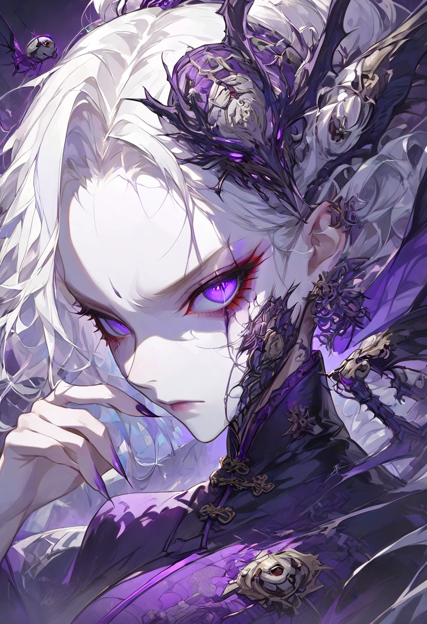 1 person, Fly King, girl with white hair, in purple eyes,spider,Villain , villains, dark edges,Chinese dress,thin