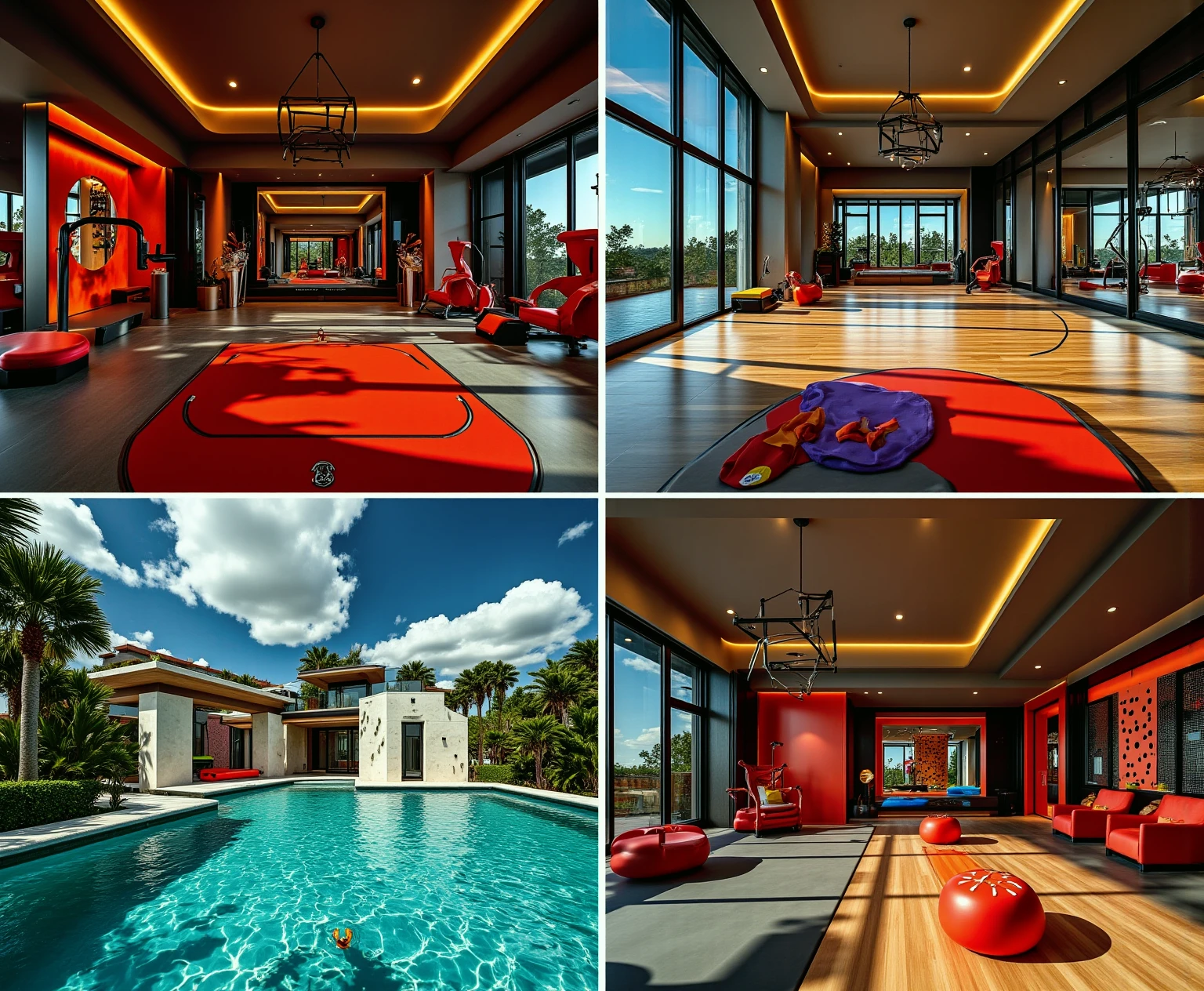 Gym with calisthenics bars, Dumbbells and a boxing ring in the courtyard of a modern mansion