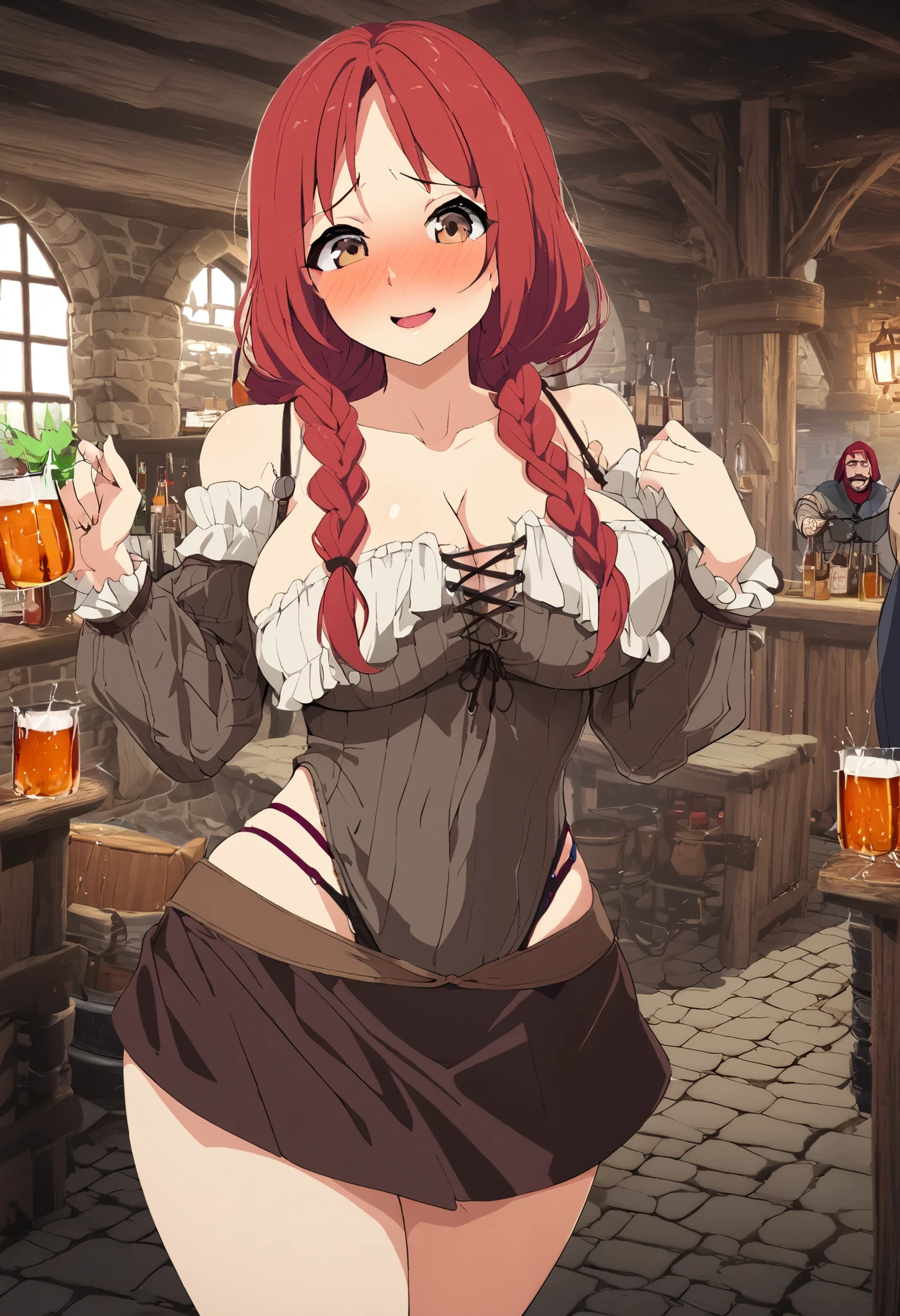 ( 1 woman 1 man ),attractive mature medieval peasant woman,  sexy underwear , breasts, straight red hair,  sensual look, brown eyes, in a tavern, inn, erotic, sensual, Milf, ecchi,  shy expression, medieval tavern, Smile shame,  perfect body, blush, shameless, daring, tanga daring, ,pose of please stop,  full body hair drill, She is accompanied by a medieval man, Alcoholic drinks, dislike orgasm, Slim body,  better quality, 4k,