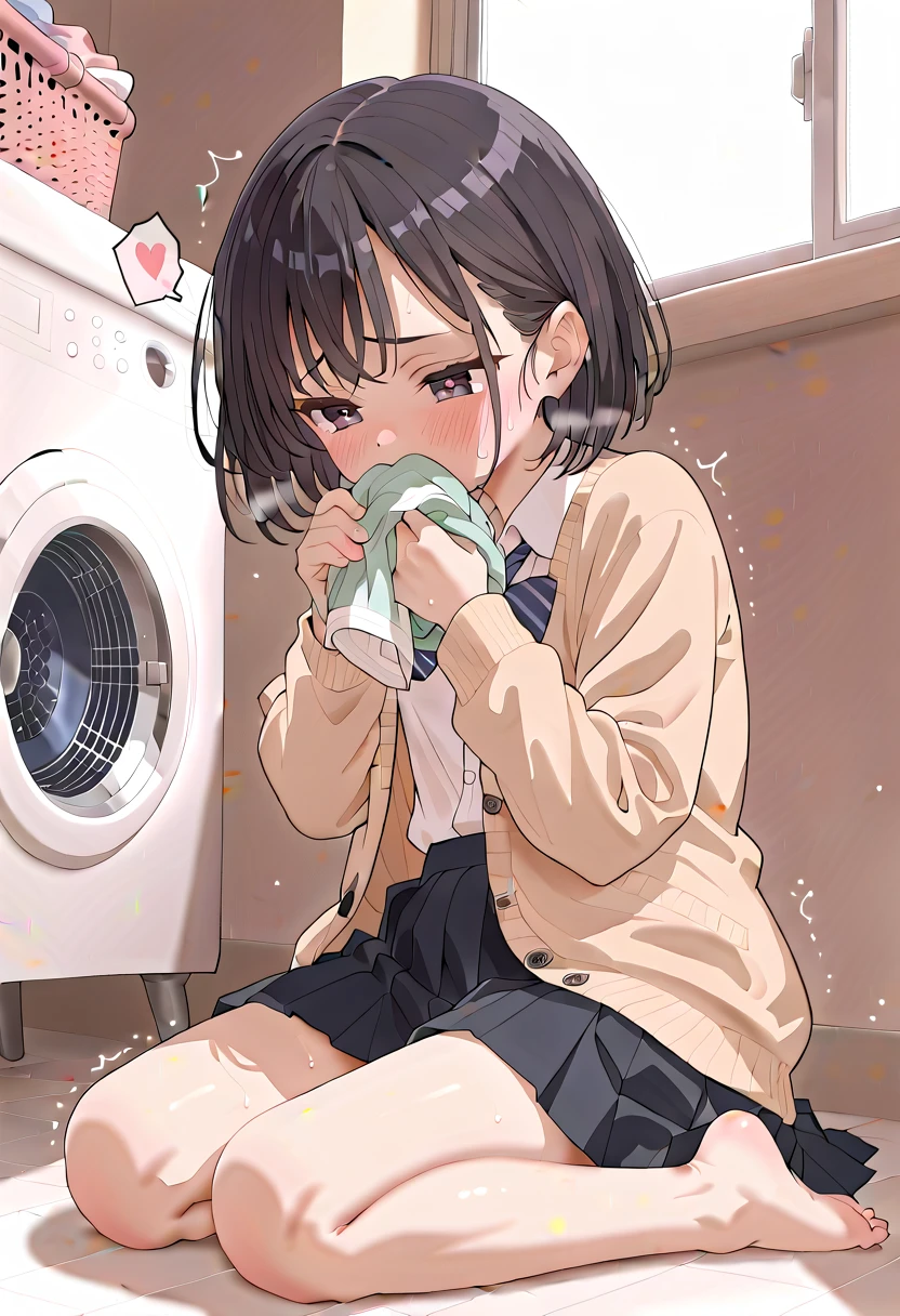 (masterpiece,beautiful,hughres,CG,8k,16k,best quality,high-resolution,detailed fingers,detailed hands,detailed legs,detailed eyes:1.5),anime,source anime,illustration,panties focus,1girl,solo,(indoors,a washing machine ,laundry basket:1.5),(on floor:1.2),(black hair:1.5),(short hair:1.5),(school uniform,white shirt,cardigan,black tights,pleated skirt,black skirt:1.3),(white panties:1.6),small breasts,sitting,(smelling black pants:1.5),(smelling,kunka:1.4),covering mouth,(skirt tug:1.5),(m legs,folded:1.4),(female orgasm,pussy juice:1.3),(trembling:1.4),(gasping,heavy breathing,blush:1.5),(impatience1.1),flustered,(fidgeting around:1.4),(steam:1.2),(sweat skin:1.4),(streaming tears:1.2),drooling,looking away,(looking down:1.4),(spoken heart:1.2),(narrow one's eyes:1.6)