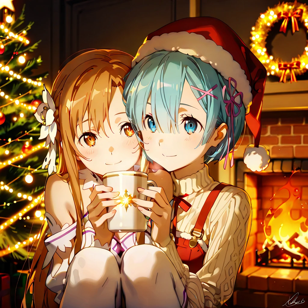 "A festive Christmas scene featuring iconic anime waifus, including Rem (Re:Zero) and Asuna Yuuki (Sword Art Online), gathered around a beautifully decorated Christmas tree. The waifus are wearing only red and white Christmas bikinis and Santa hats. The Christmas tree is tall and radiant, adorned with golden fairy lights, vibrant ornaments, and a glowing star at the top.

Rem is depicted with her signature soft, round face, deep blue eyes that are bright and expressive, and asymmetrical pastel blue hair styled with bangs falling to one side and a flower hairpin. She looks warm and gentle, with a soft smile. Asuna has refined features, almond-shaped bright hazel eyes, and long, silky caramel brown hair. She exudes confidence with a friendly expression and mature aura.

The waifus are engaged in cheerful activities: exchanging gifts, holding a cup of coffee, drinking coffee. The setting is a cozy living room with warm lighting, a crackling fireplace with stockings, and large windows showing a magical snowy night outside. Snowflakes fall gently, creating a serene and enchanting atmosphere.

The overall mood is joyful and festive, combining the magic of Christmas with anime charm."