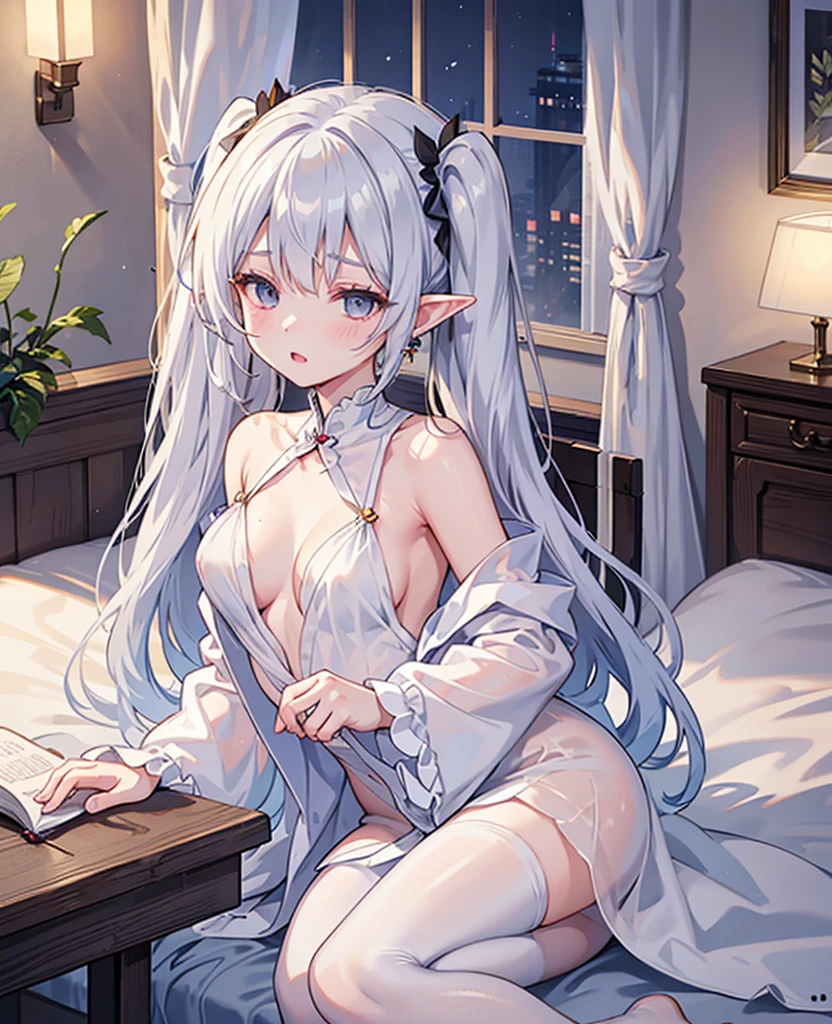  Silver Hair、 twin tails、Elf、Frielen、white short robe、 golden edging on sleeves 、 black pantyhose、Wet Pantyhose、Wet vagina、 close your eyes、 red cheeks 、Touching the vagina with your hands、Climax、 M lettering、 opens his crotch wide、、white small breasts 、Women's Earrings 、 sheets wet with urine 、plump vaginal opening 、Bed at night、Angle from inseam 、 open her mouth 、Indoors at night、 exposes shoulders、 no bra、cushion、