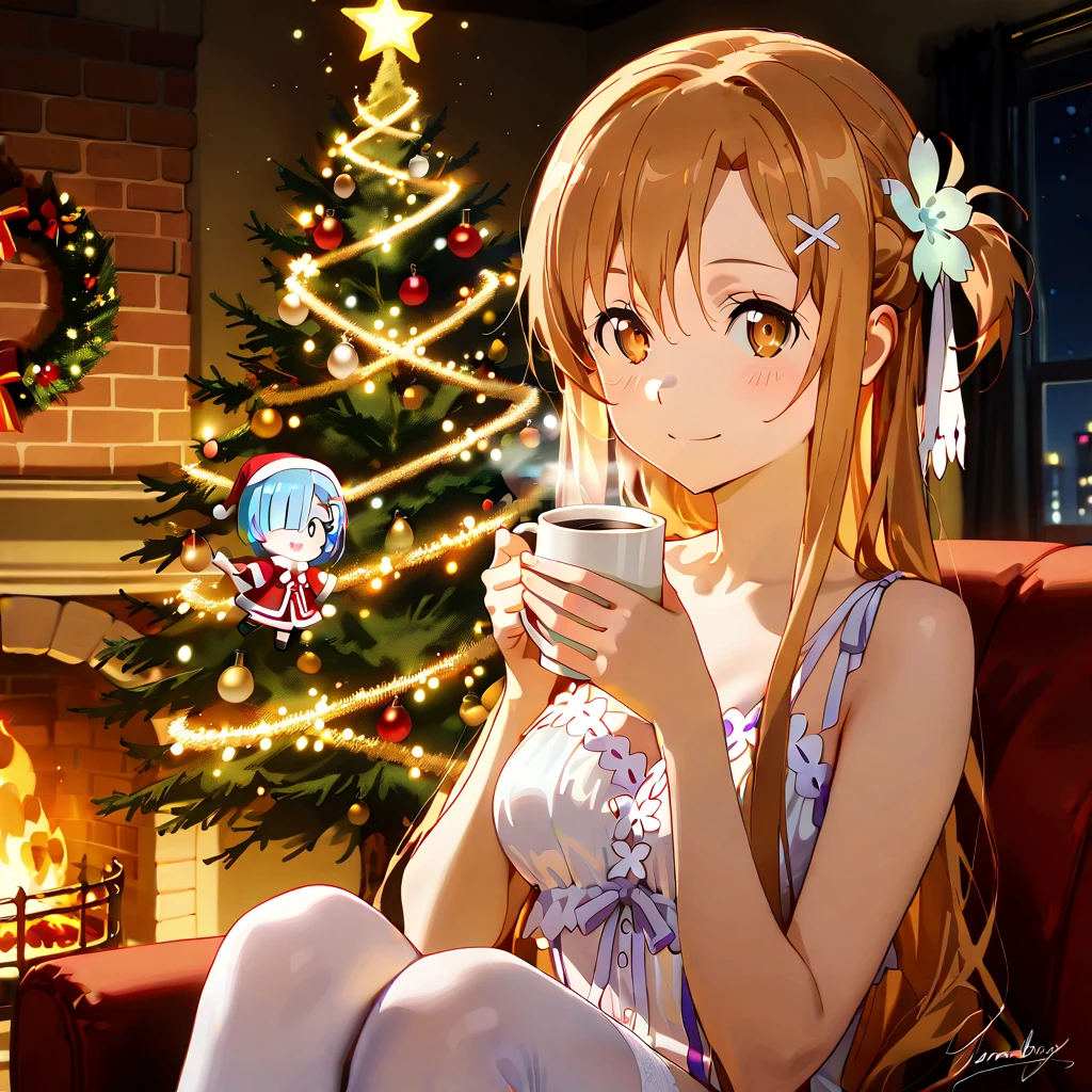 "A festive Christmas scene featuring iconic anime waifus, including Rem (Re:Zero) and Asuna Yuuki (Sword Art Online), gathered around a beautifully decorated Christmas tree. The waifus are wearing only red and white Christmas bikinis and Santa hats. The Christmas tree is tall and radiant, adorned with golden fairy lights, vibrant ornaments, and a glowing star at the top.

Rem is depicted with her signature soft, round face, deep blue eyes that are bright and expressive, and asymmetrical pastel blue hair styled with bangs falling to one side and a flower hairpin. She looks warm and gentle, with a soft smile. Asuna has refined features, almond-shaped bright hazel eyes, and long, silky caramel brown hair. She exudes confidence with a friendly expression and mature aura.

The waifus are engaged in cheerful activities: exchanging gifts, holding a cup of coffee, drinking coffee. The setting is a cozy living room with warm lighting, a crackling fireplace with stockings, and large windows showing a magical snowy night outside. Snowflakes fall gently, creating a serene and enchanting atmosphere.

The overall mood is joyful and festive, combining the magic of Christmas with anime charm."