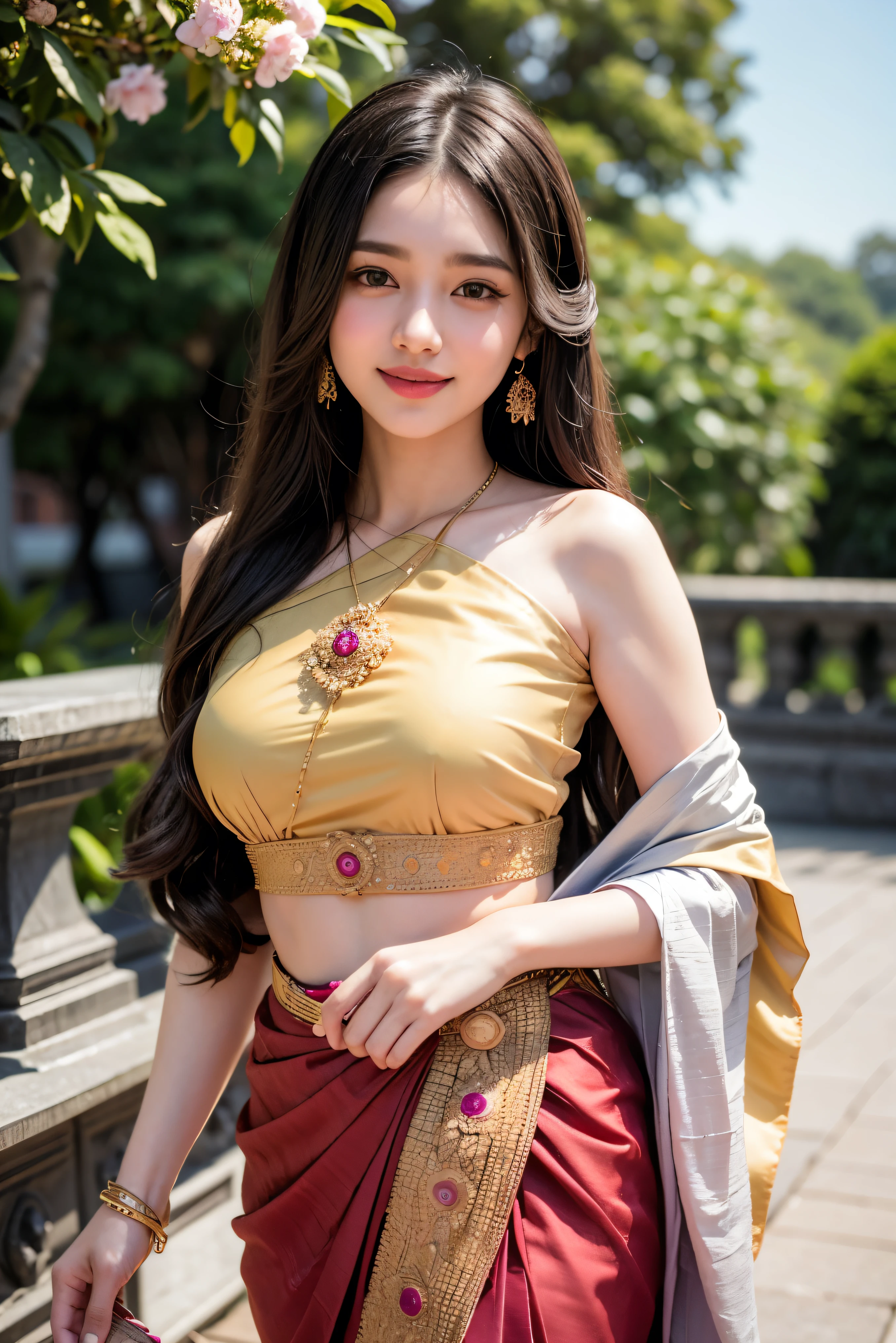 8K, ultra high detailed, an thai girl, cute face, happy, long hair, impressive hairstyle, detailed eyes, detailed lips, indian clothes, saree, golden saree, lace, wearing jewellery, nature background, flowers, afternoon, shadow, clear weather, whole body capture, cute smile, nsfw