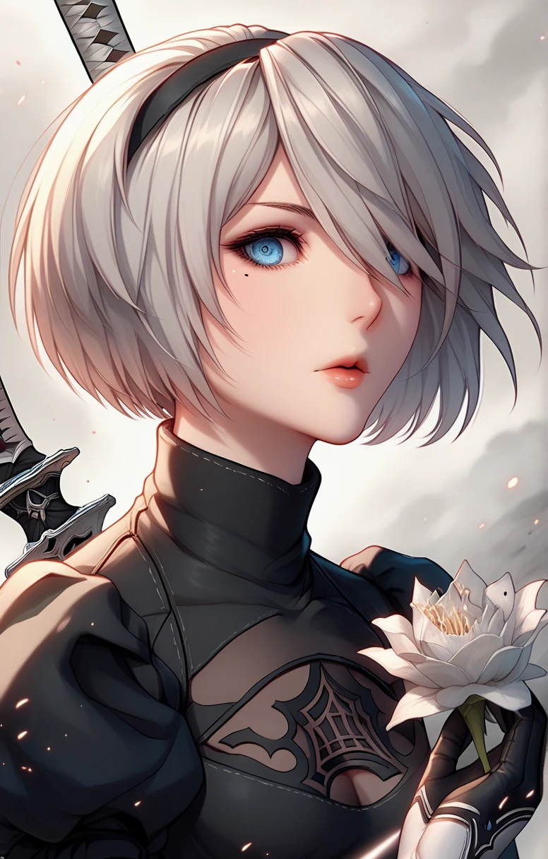 1girl, solo, mole_under_mouth, yorha_no._2_type_b, mole, weapon, sword, blue_eyes, parted_lips, short_hair, gloves, white_hair, holding_weapon, holding, holding_sword, pink_lips, portrait, no_blindfold, looking_at_viewer, black_gloves, lips, katana, bangs, turtleneck The image shows an anime-style art character. The character has short blond hair with shades of blue and pink. The eyes are large, expressive, with a purple tint. The character is dressed in a black suit, holding a sword or katana in his hands. The background is light, with blurred elements. The overall image style is bright and detailed.