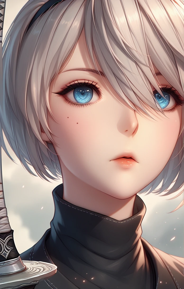 1girl, solo, mole_under_mouth, yorha_no._2_type_b, mole, weapon, sword, blue_eyes, parted_lips, short_hair, gloves, white_hair, holding_weapon, holding, holding_sword, pink_lips, portrait, no_blindfold, looking_at_viewer, black_gloves, lips, katana, bangs, turtleneck The image shows an anime-style art character. The character has short blond hair with shades of blue and pink. The eyes are large, expressive, with a purple tint. The character is dressed in a black suit, holding a sword or katana in his hands. The background is light, with blurred elements. The overall image style is bright and detailed.