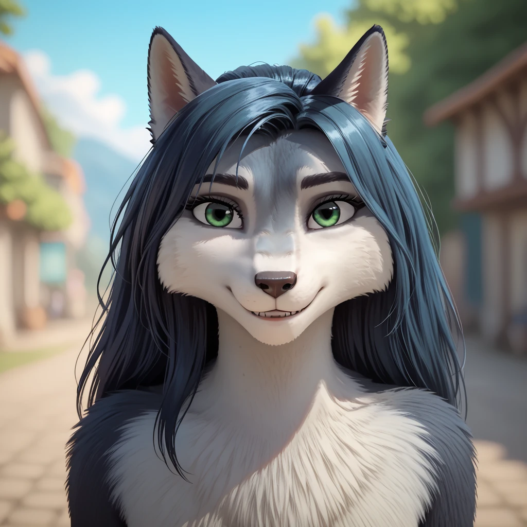 cowboy shot, white fur, green eyes, chromatic aberration, blurry, two-tone fur,
outdoors, blurry background, body fur, wolf ears, day, letterboxed, furry, black
eyes, looking at viewer, shiny, smile, slim, face focused, looking at viewer, 