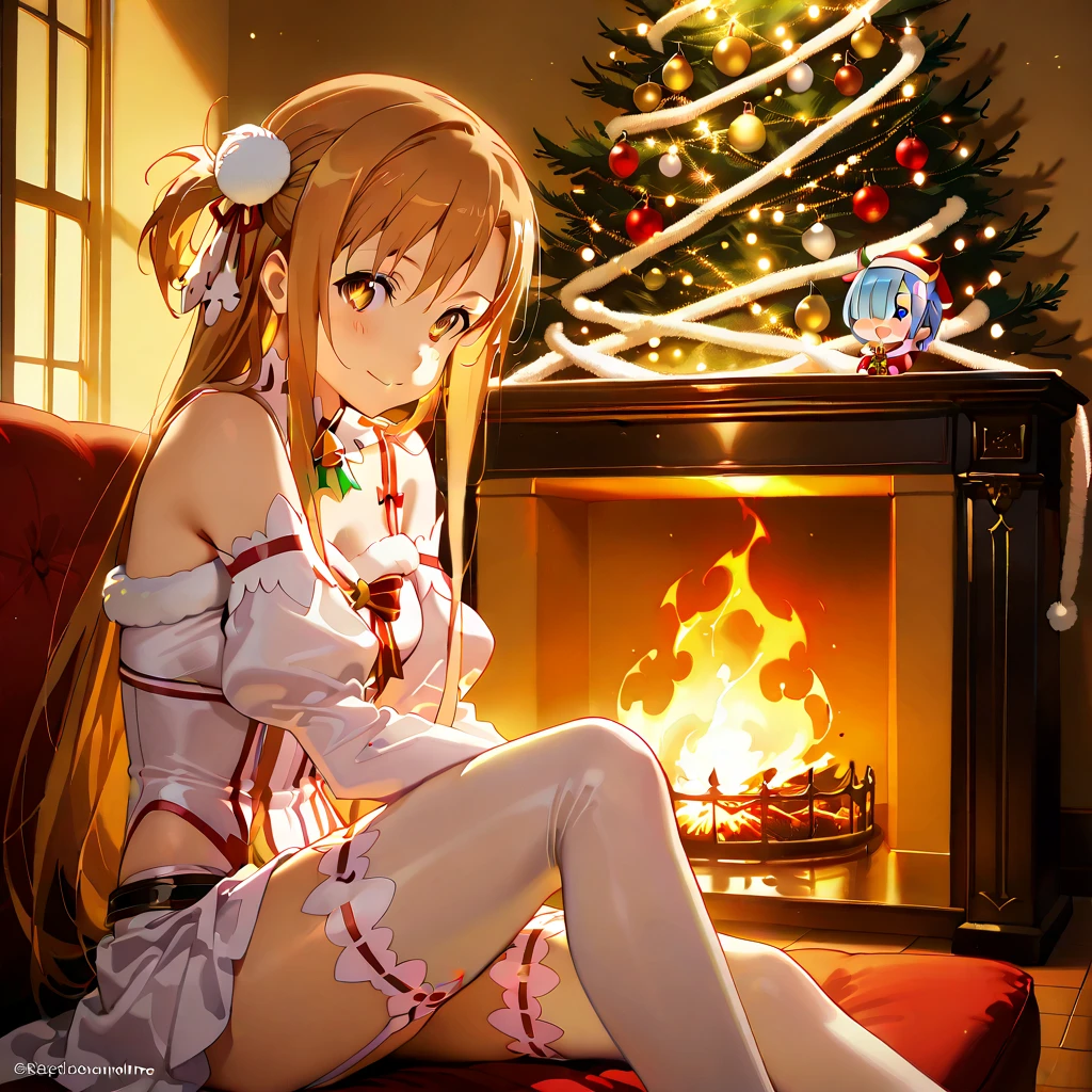 "A festive Christmas scene featuring iconic anime waifus, including Rem (Re:Zero) and Asuna Yuuki (Sword Art Online), gathered around a beautifully decorated Christmas tree. The waifus are wearing only red and white Christmas bikinis and Santa hats. The Christmas tree is tall and radiant, adorned with golden fairy lights, vibrant ornaments, and a glowing star at the top.

Rem is depicted with her signature soft, round face, deep blue eyes that are bright and expressive, and asymmetrical pastel blue hair styled with bangs falling to one side and a flower hairpin. She looks warm and gentle, with a soft smile. Asuna has refined features, almond-shaped bright hazel eyes, and long, silky caramel brown hair. She exudes confidence with a friendly expression and mature aura.

The waifus are engaged in exchanging gifts. The setting is a cozy living room with warm lighting, a crackling fireplace with stockings, and large windows showing a magical snowy night outside. Snowflakes fall gently, creating a serene and enchanting atmosphere.

The overall mood is joyful and festive, combining the magic of Christmas with anime charm."