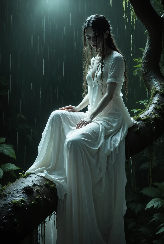 a woman, with long hair covered her face, creepy smile, wearing wet white oversized longdress, sitting on bayan tree branch under the heavy rain at night, dark bush in the background. 