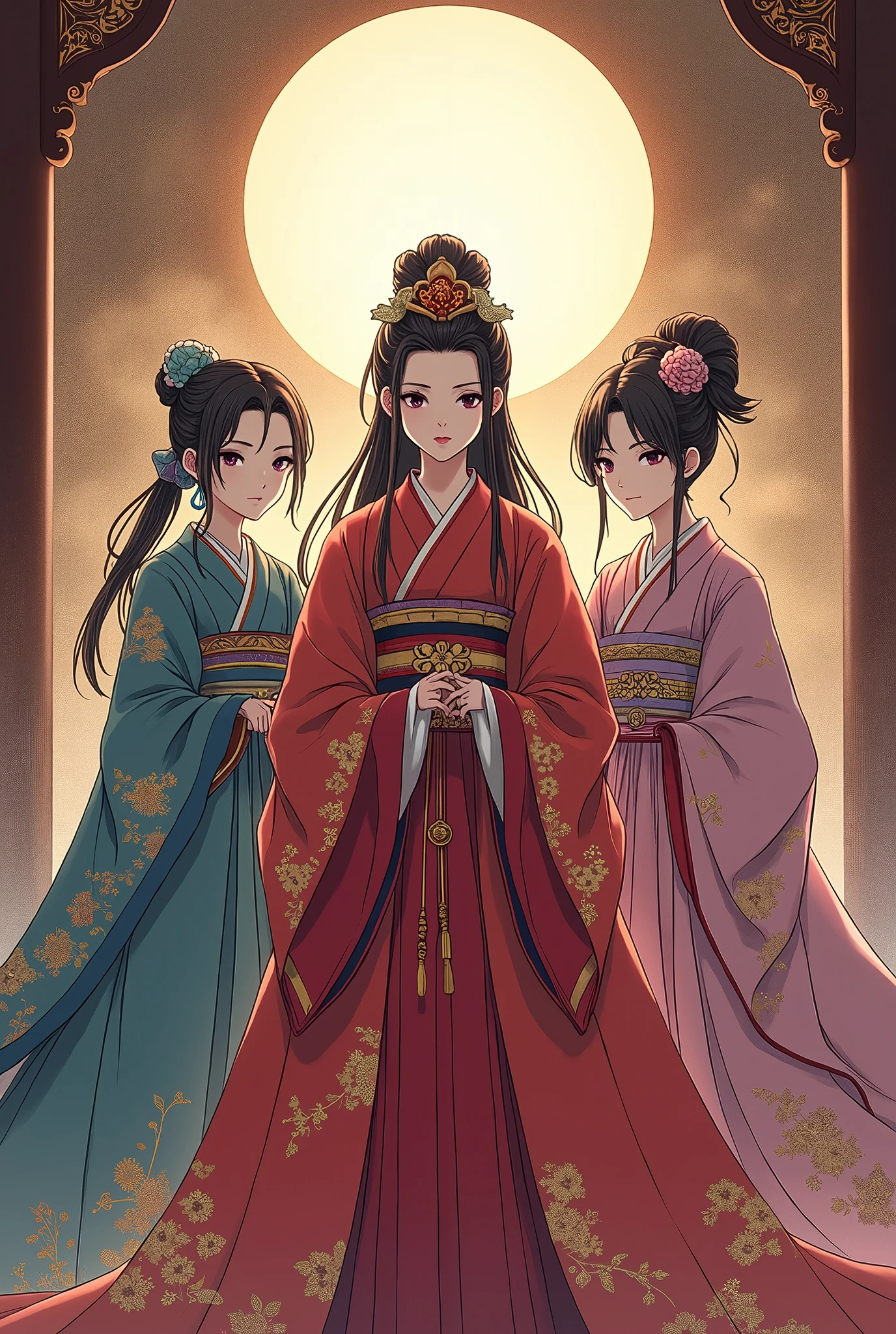 Stories from the Sengoku Period , Oda Nobunaga's younger sister Oichi's three daughters,  noble costume ,  high image quality, masterpiece,