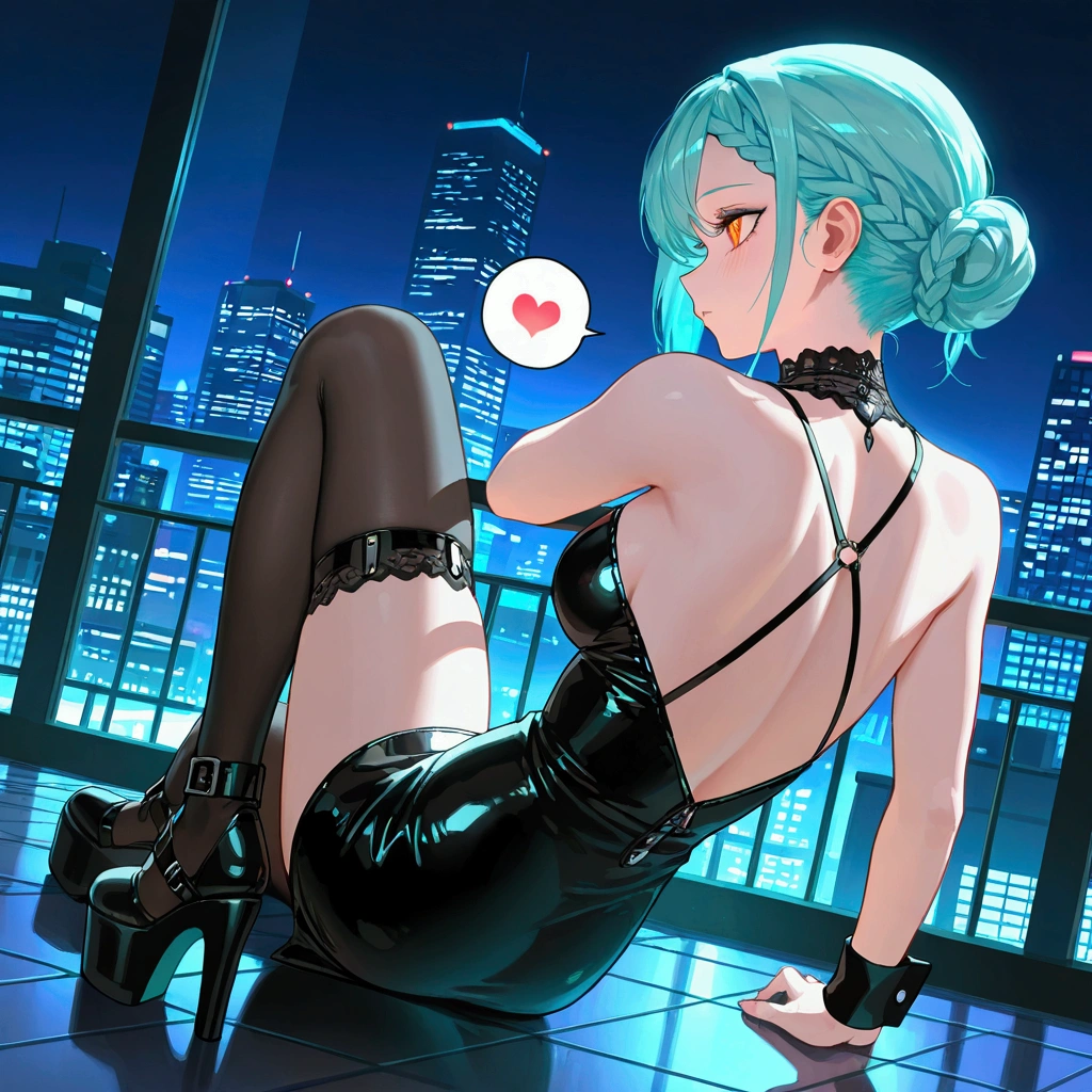 Highest quality、8K、(Bunny girl)、Fishnet tights、High heels、Blue Bunny Suit、View Viewer、smile、Futuristic Living Room、indirect lighting、Room with houseplants、From the window you can see the valley between the city buildings、Night view、Silver short hair、Beautiful eyes、Beautiful Face、Many layers of eyes