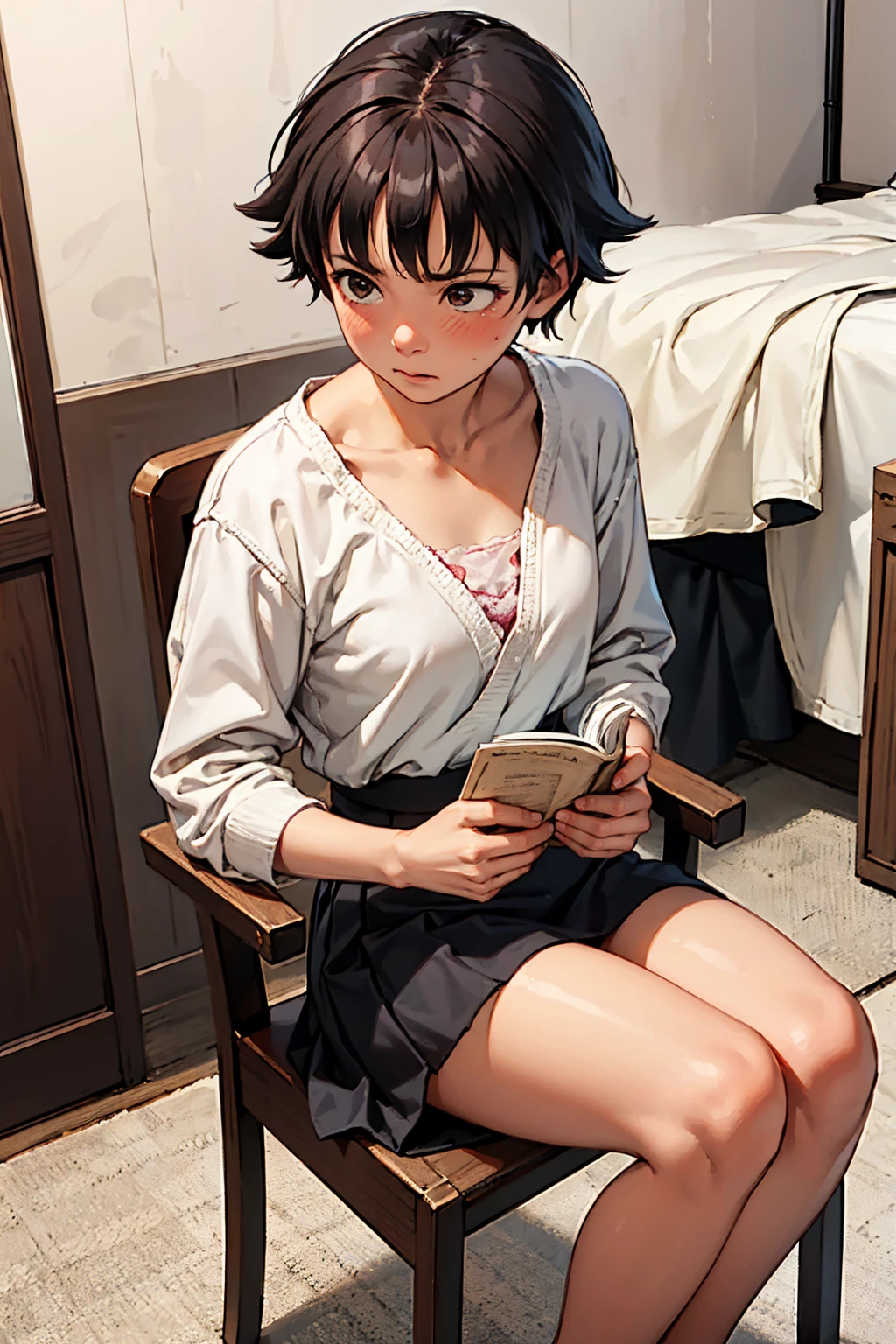 (Girl sitting on a chair and reading),makoto, 1girl, bangs, black hair, blush, brown eyes, looking away, short hair、, (Pastel Colors clothing), (A-Line Dress), (Petticoat Skirt), (Sweetheart neckline)、Pounding face、red tide、 (Background is a girl's room)、White carpet、Clean room、new furniture、hight resolution、Professional、extra detailed face、Perfect Lighting、 extremely details CG、(Perfect hands、Perfect Anatomy)、Serious girl、Quiet girl