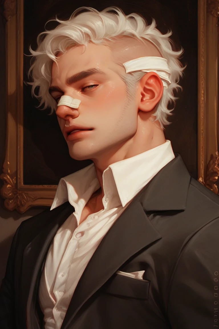  Create a man with skeleton painting, white with bandage on the nose , curly white hair in a suit 