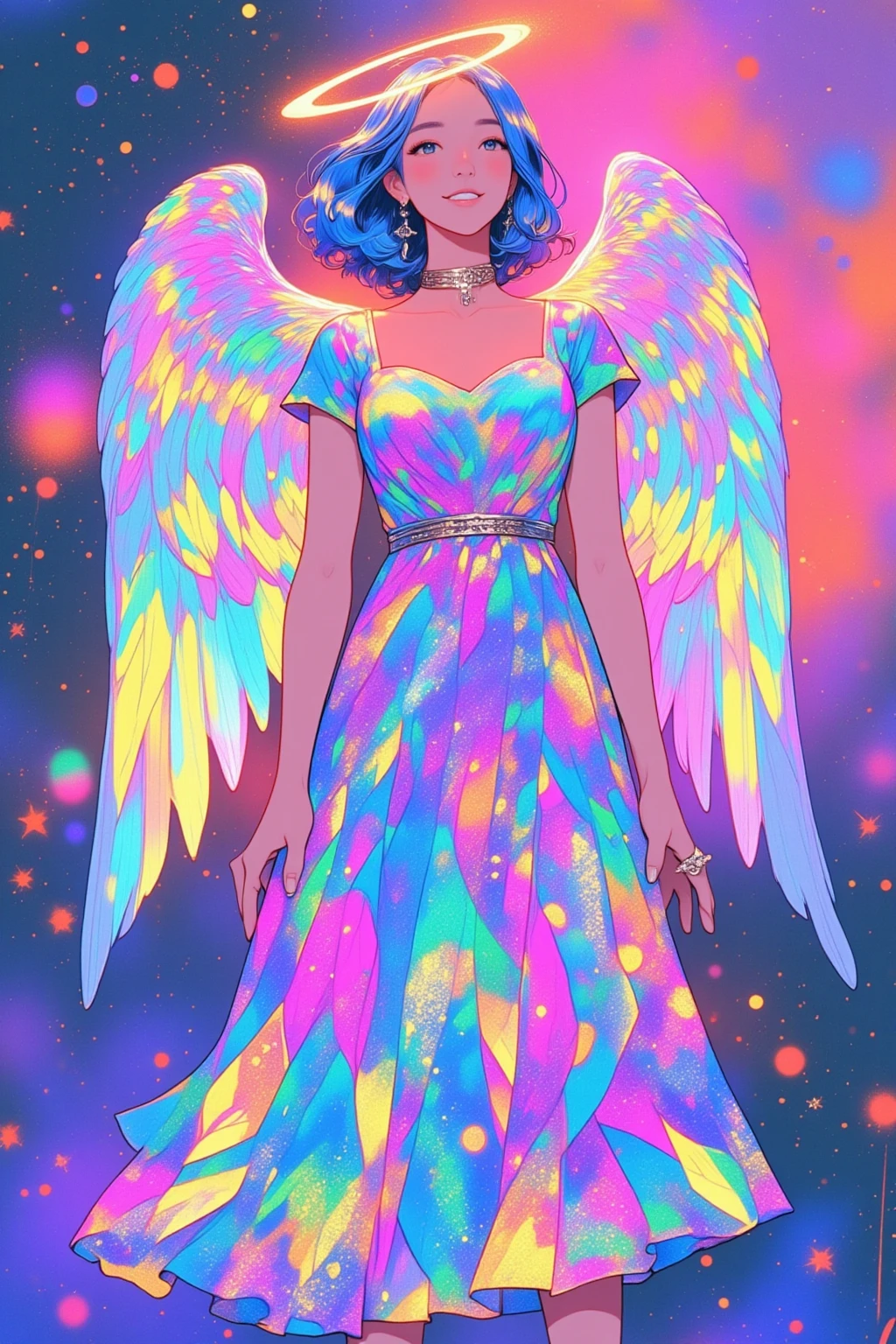 羽の生えたAngelのような猫のクローズアップ, Angelの輪っか,Iridescent Feathers,Lisa Frank,  Lisa Frankスタイル, レスリー・デイビッドとLisa Frank, Lisa Frankの芸術スタイル, inspired Lisa Frank, Full color airbrush , アレックス・ヤネスとLisa Frank, Angel, Angelのような猫