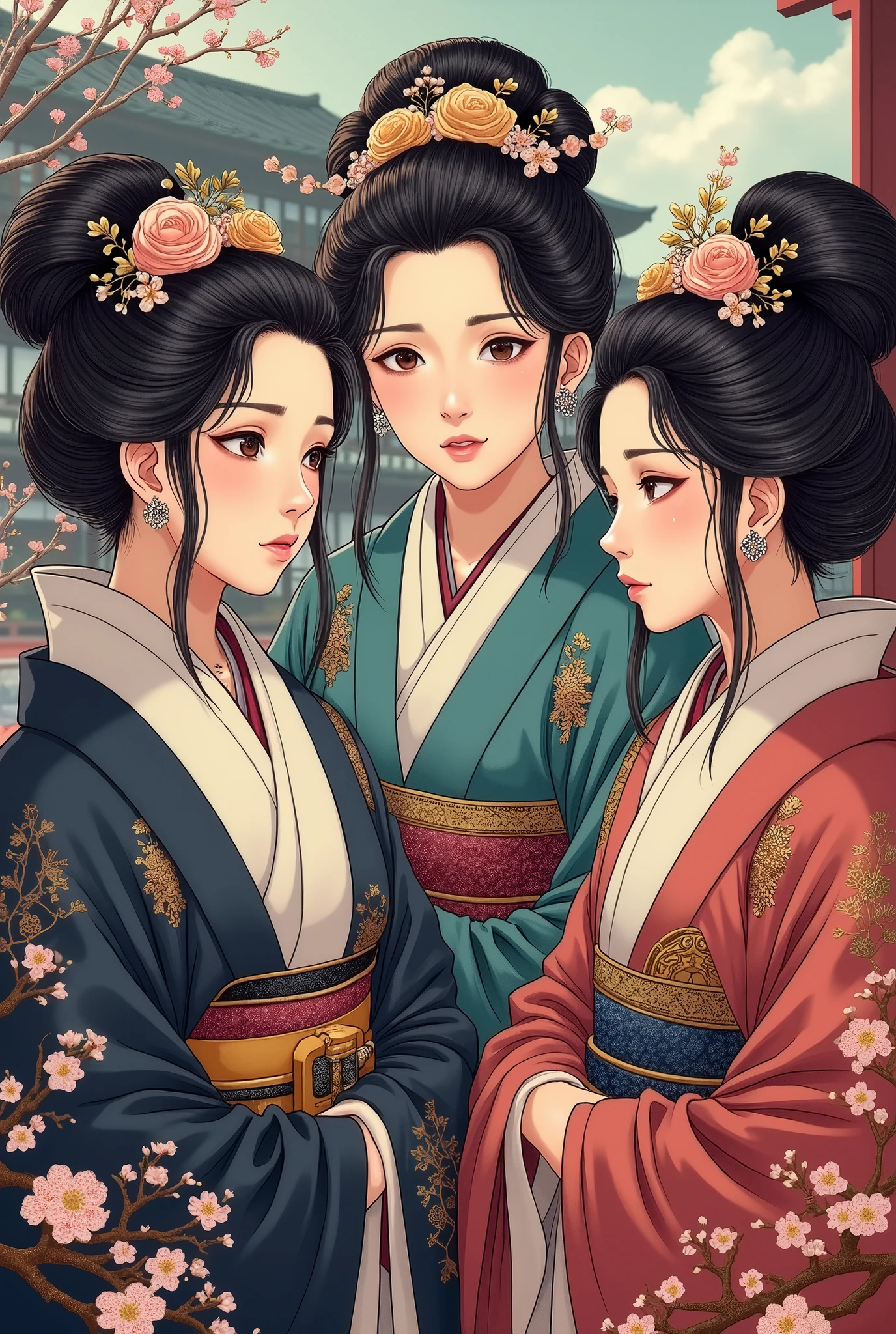 Stories from the Sengoku Period , Oda Nobunaga's younger sister Oichi's 3 daughters,  noble costume ,  high image quality, masterpiece, 