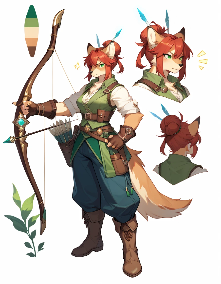 furry, (((1girl, woman, female))), Female original character reference sheet adoptable, red hair, one high bun, green eyes, tsundere, pouting, archery, The outfit has a fantasy adventurer style, featuring a loose white blouse, a brown leather vest with an emblem, dark blue pants, and a flowing green cloth. It is accessorized with a utility belt, fingerless gloves, and sturdy brown boots, kemono, anthro, character sheet, white background,