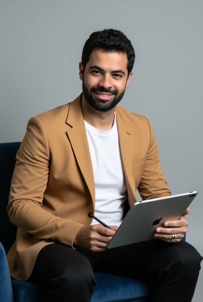 (professional modern portrait:1.2), a relaxed and approachable male subject seated on a navy blue velvet chair, wearing a tan blazer over a white t-shirt, black trousers, and a smartwatch. The subject holds an Apple iPad in one hand and a stylus in the other, creating a casual and creative working atmosphere. He leans slightly back with a warm smile and direct eye contact, conveying confidence and friendliness. The background is a clean, neutral soft gray with no distractions. Studio lighting is diffused and balanced, highlighting the subject's face and creating soft, natural shadows. Sharp focus emphasizes the textures of the blazer, chair, and facial details. Eye-level perspective with a slightly angled three-quarter view. | minimalistic studio setup | casual yet professional | cinematic sharpness | high-resolution realism | warm and inviting composition.  