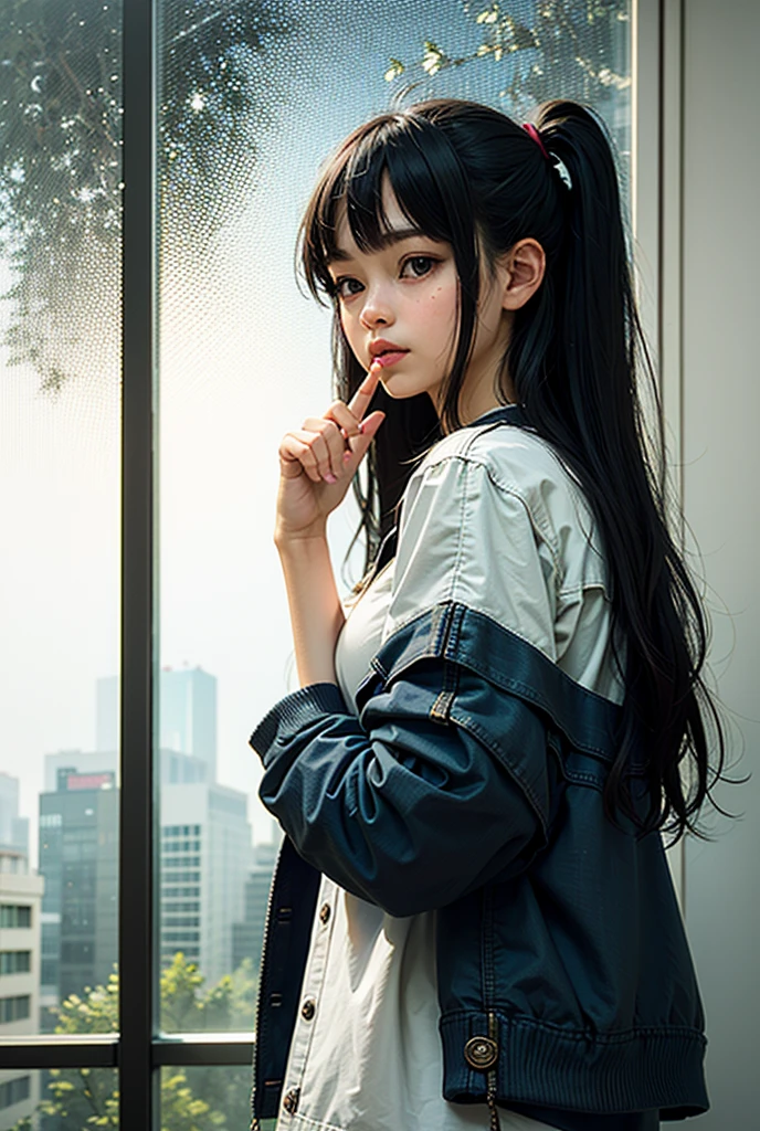 Sitting on the ground、Skinny Jeans、Open legs、crouching、beautiful detailed girls、bending her knees、巨作、Top  Quality、intensely detailed、White jeans、Inter-strands