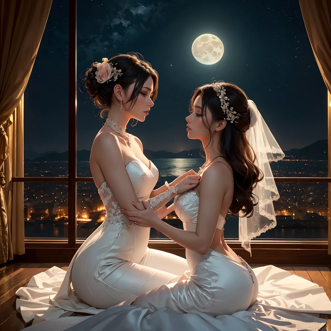 (masterpiece, highest quality, official art, beauty and aesthetic:1.5), (perfect anatomy), two gorgeous and stunning dark-skinned or pale-skinned young girls are deeply in love with each other, kiss, perfect make-up, romantic atmosphere, snow and moon, magnificent panorama view