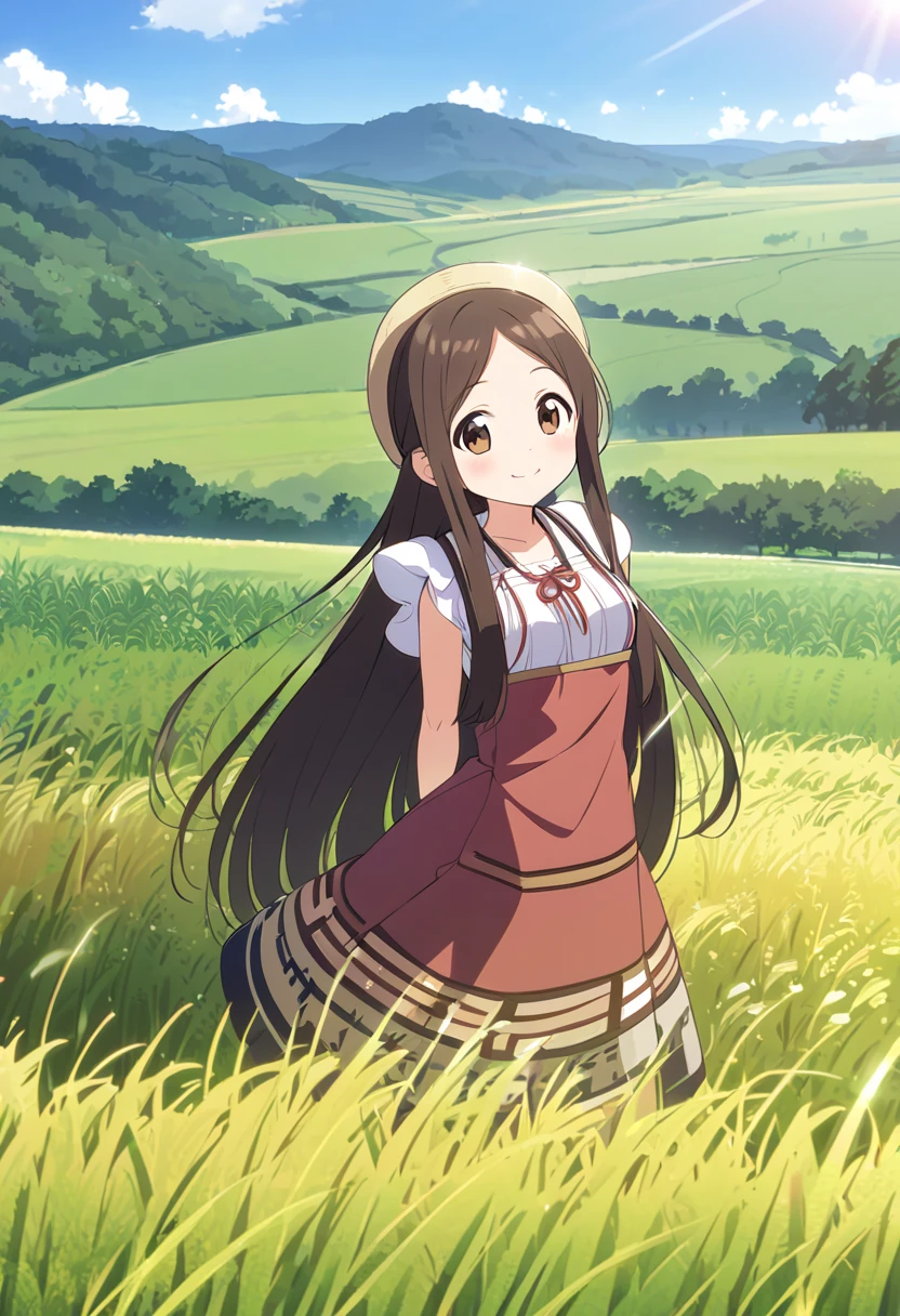  top quality 、 One Girl 、Tiny breasts、 shiny dark brown hair 、 long straight hair、Rural Areas、Villager clothes 、field、鍬でfieldを耕す、smile、The sun shines in