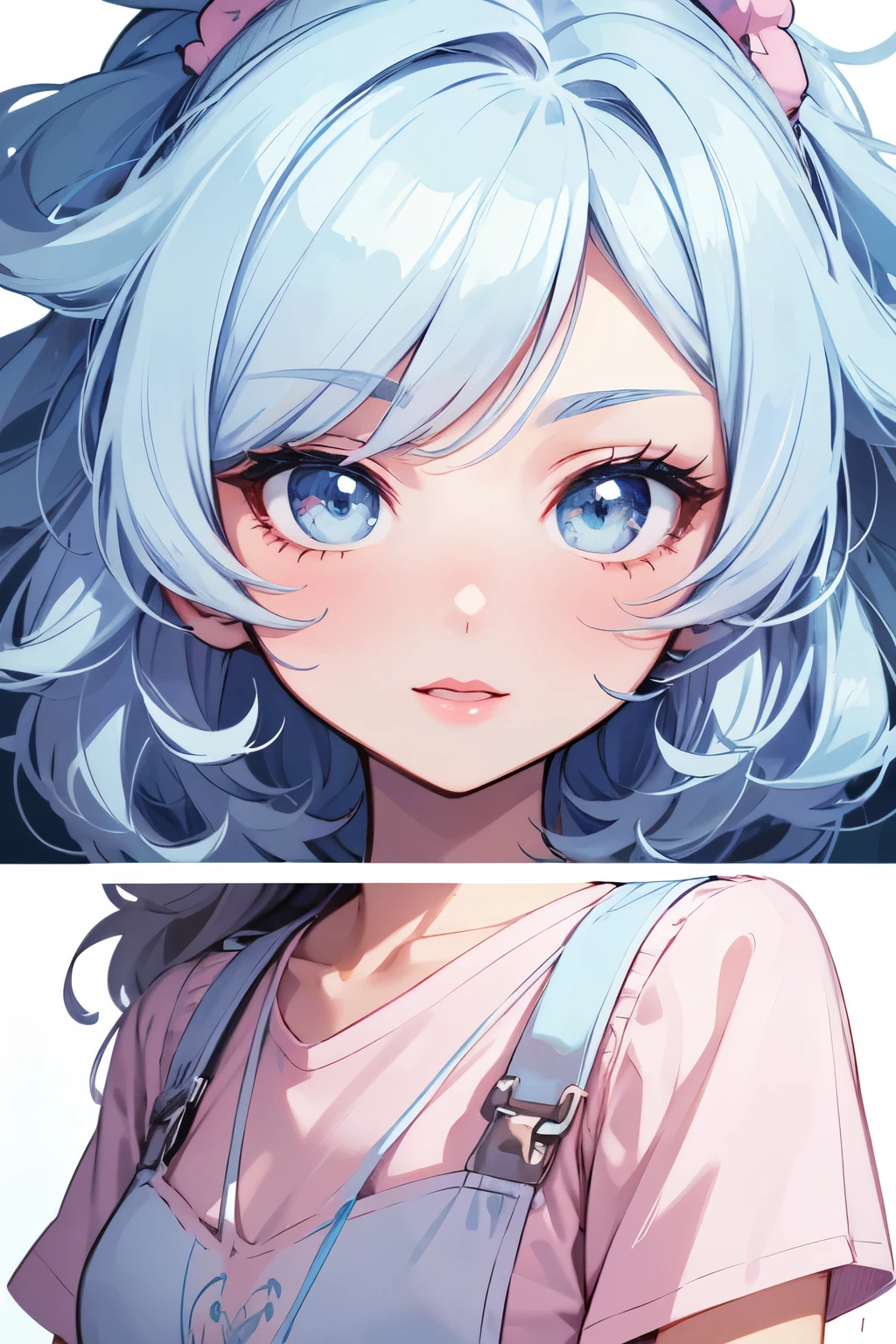 a cute , pink lips, wearing a bright white shirt, in the style of the soft aurorapunk color palette, an anime illustration of her face, animated gifs, hand-drawn animation, charming sketches, soft and bright, hazy romanticism, superplane style, white--air background 1:1--niji 5--expressive style 