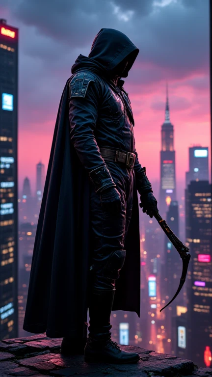 A full-body image of a muscular adult male.black leather full-body image 、and hood, a hooded person in invisible armor . wears leather armor, Tights.epic ninja suit, rogue.Leather fit to cover the whole body. smooth leather .Boy Teenage Assassin , stealth suit , cyberpunk assassin , stand on the roof of a skyscraper. . black night . Dark atmosphere .Low light.Weak lights cast dramatic shadows. Weird cyberpunk atmosphere . cyberpunk city.Futuristic tech style,robot,mecha skin,latex bodysuit .whole body image.Handheld composite mechanical giant bow.full body photo
