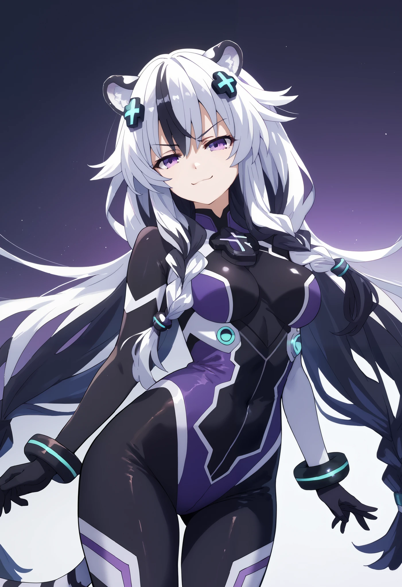 ((masterpiece)), Hyperdimension Neptunia art style, 1girl, solo, long hair, white hair, black hair, multicolored hair, white tiger ears, white tiger tail, purple eyes, half-lidded eyes, purple bodysuit, black bodysuit, multicolored bodysuit, bracelet, smug smirk, low twin braids, dark purple bun hairpins, front view, villain girl.