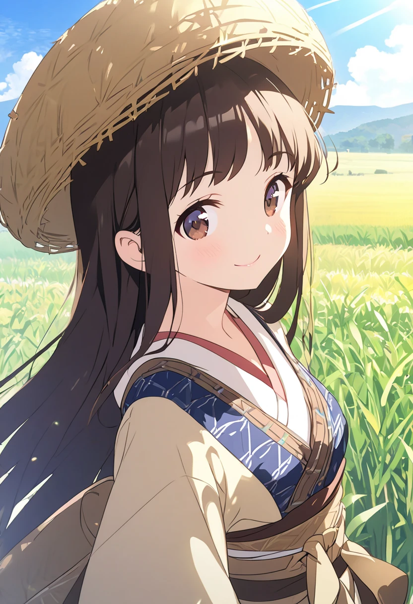  top quality 、 One Girl 、Tiny breasts、 shiny dark brown hair 、 long straight hair、Rural Areas、Villager clothes 、field、鍬でfieldを耕す、smile、The sun shines in