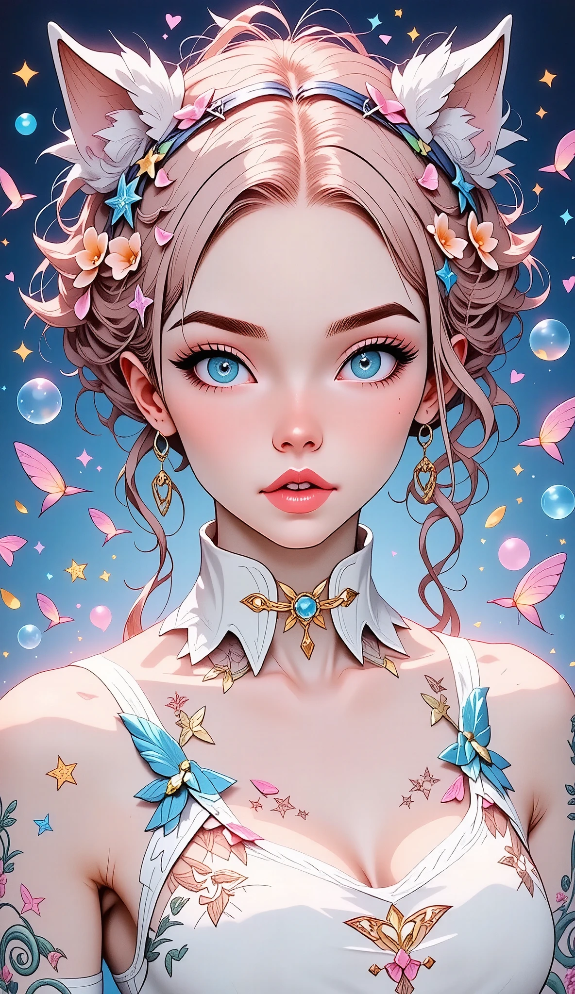 (( masterpiece:1.5)). This piece of art is sweet, dreamer, idyllic and ethereal,  With soft violet watercolor tones and lots of ornate bubble accents with iridescent colors.  underwear , Generate a delicate and demure fae by exploring a (Bubblegum World with a wide variety of pastel tones).(Floating under) ,Its sweet face is extremely detailed and realistic with elegant features., A perfect and slightly open and sensual mouth,with swollen and kissable lips, It seems that ((((un elegant Micarah Tewers )))). Its lips are a uniform pink tone. Includes fun and impressive features., Highly realistic eyes. His eyes are important and must be hyperrealistic,  , and beautiful.  In high definition and detail ,  includes many details such as stars , galaxies, burbujas de colores, colored petals , Dripping of bright paint, iridescence, and a lot of energy and emotion.((  Stars and colorful bubble gum bubbles are important ! Includes fantasy details.:1.6)), improved details, iridescence, colorful and bright wind, y polen. Pay special attention to your face and make sure it's beautifully detailed and realistic ....... camera: This art is dreamlike and ethereal and the camera should emphasize those features......... Create something that is surprisingly beautiful with fairy-like tones. Using dynamic composition techniques. 32k