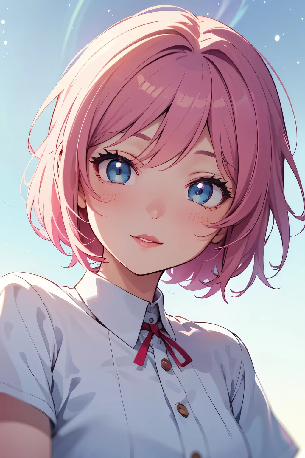 a cute , pink lips, wearing a bright white shirt, in the style of the soft aurorapunk color palette, an anime illustration of her face, animated gifs, hand-drawn animation, charming sketches, soft and bright, hazy romanticism, superplane style, white--air background 1:1--niji 5--expressive style 