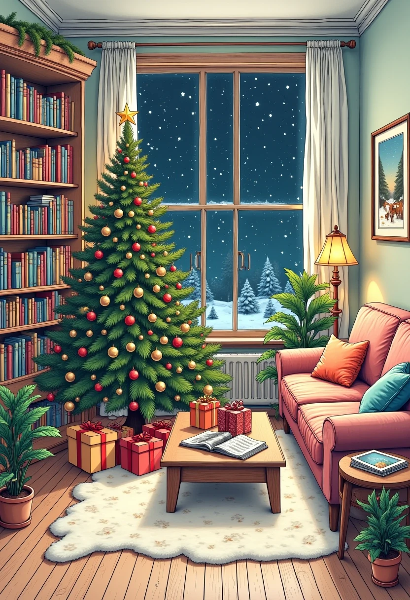  best quality,  high resolution , winter，night, (Hand-drawn,line art), Christmas tree,  Christmas， Comfortable living room painting ,Christmas gift box cozy atmosphere, Detailed texture,  intricate pattern ,  decorative element , Retro furniture, Wooden floor,  Bookshelves filled with books , plush sofa ,  Fluffy pillow ,  Coffee table with magazines , Artwork on the wall,  Potted Plants , window,  Relaxed and cozy atmosphere ,  Artistic and stylized depiction 