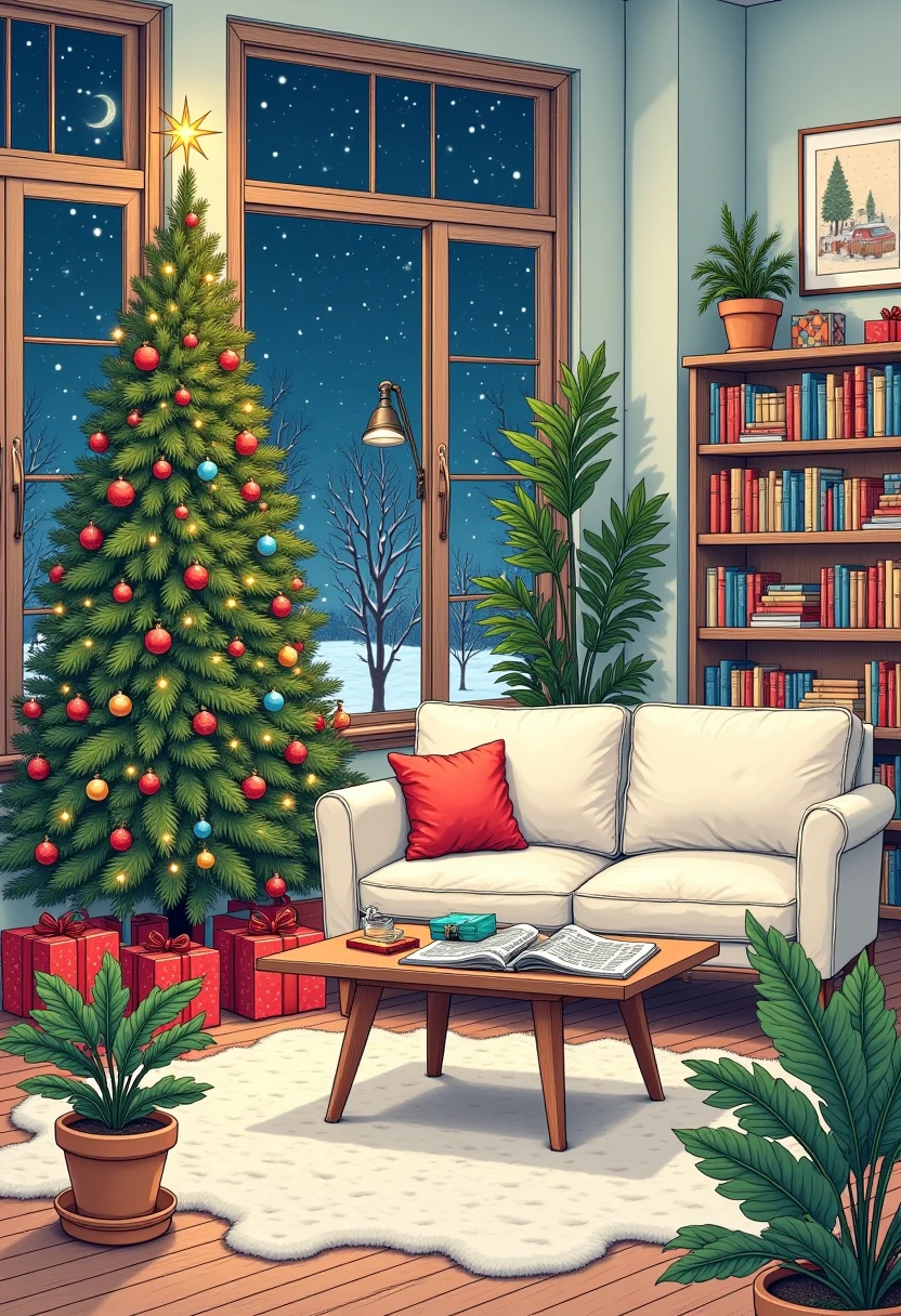  best quality,  high resolution , winter，night, (Hand-drawn,line art), Christmas tree,  Christmas， Comfortable living room painting ,Christmas gift box cozy atmosphere, Detailed texture,  intricate pattern ,  decorative element , Retro furniture, Wooden floor,  Bookshelves filled with books , plush sofa ,  Fluffy pillow ,  Coffee table with magazines , Artwork on the wall,  Potted Plants , window,  Relaxed and cozy atmosphere ,  Artistic and stylized depiction 