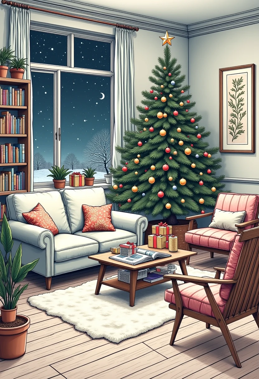  best quality,  high resolution , winter，night, (Hand-drawn,line art), Christmas tree,  Christmas， Comfortable living room painting ,Christmas gift box cozy atmosphere, Detailed texture,  intricate pattern ,  decorative element , Retro furniture, Wooden floor,  Bookshelves filled with books , plush sofa ,  Fluffy pillow ,  Coffee table with magazines , Artwork on the wall,  Potted Plants , window,  Relaxed and cozy atmosphere ,  Artistic and stylized depiction 