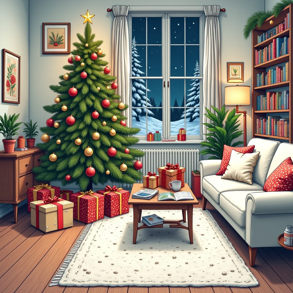  best quality,  high resolution , winter，night, (Hand-drawn,line art), Christmas tree,  Christmas， Comfortable living room painting ,Christmas gift box cozy atmosphere, Detailed texture,  intricate pattern ,  decorative element , Retro furniture, Wooden floor,  Bookshelves filled with books , plush sofa ,  Fluffy pillow ,  Coffee table with magazines , Artwork on the wall,  Potted Plants , window,  Relaxed and cozy atmosphere ,  Artistic and stylized depiction 