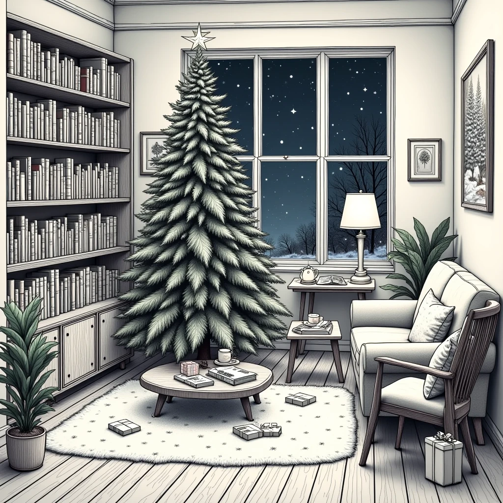  best quality,  high resolution , winter，night, (Hand-drawn,line art), Christmas tree,  Christmas， Comfortable living room painting ,Christmas gift box cozy atmosphere, Detailed texture,  intricate pattern ,  decorative element , Retro furniture, Wooden floor,  Bookshelves filled with books , plush sofa ,  Fluffy pillow ,  Coffee table with magazines , Artwork on the wall,  Potted Plants , window,  Relaxed and cozy atmosphere ,  Artistic and stylized depiction 