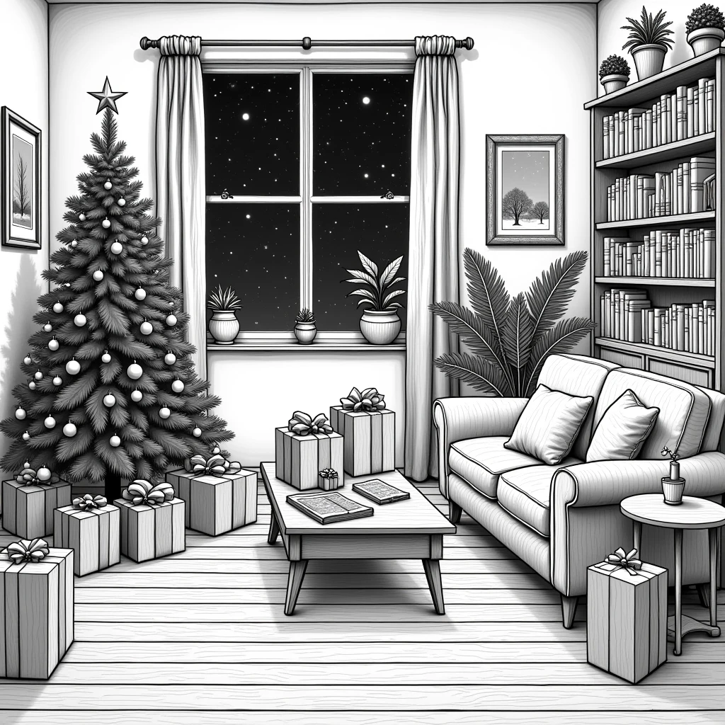  best quality,  high resolution , winter，night, (Hand-drawn,line art), Christmas tree,  Christmas， Comfortable living room painting ,Christmas gift box cozy atmosphere, Detailed texture,  intricate pattern ,  decorative element , Retro furniture, Wooden floor,  Bookshelves filled with books , plush sofa ,  Fluffy pillow ,  Coffee table with magazines , Artwork on the wall,  Potted Plants , window,  Relaxed and cozy atmosphere ,  Artistic and stylized depiction 