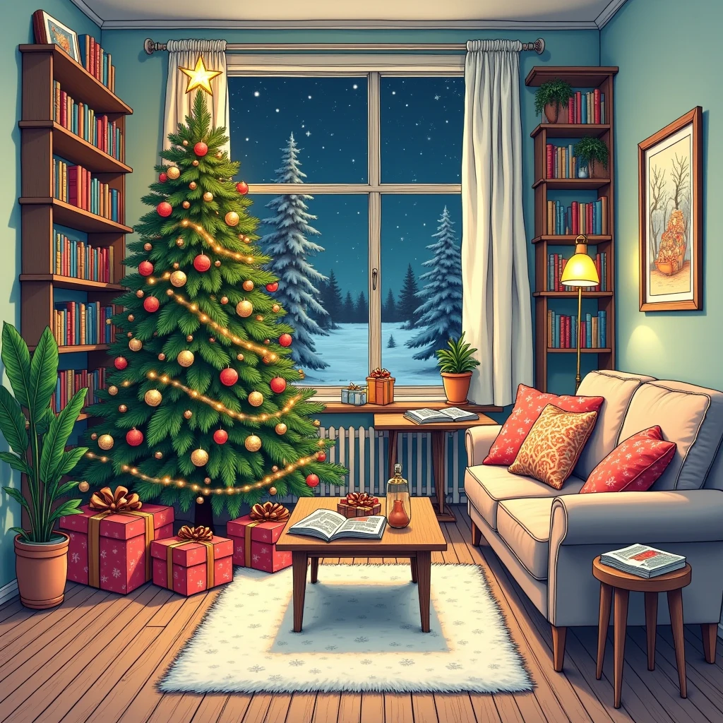  best quality,  high resolution , winter，night, (Hand-drawn,line art), Christmas tree,  Christmas， Comfortable living room painting ,Christmas gift box cozy atmosphere, Detailed texture,  intricate pattern ,  decorative element , Retro furniture, Wooden floor,  Bookshelves filled with books , plush sofa ,  Fluffy pillow ,  Coffee table with magazines , Artwork on the wall,  Potted Plants , window,  Relaxed and cozy atmosphere ,  Artistic and stylized depiction 