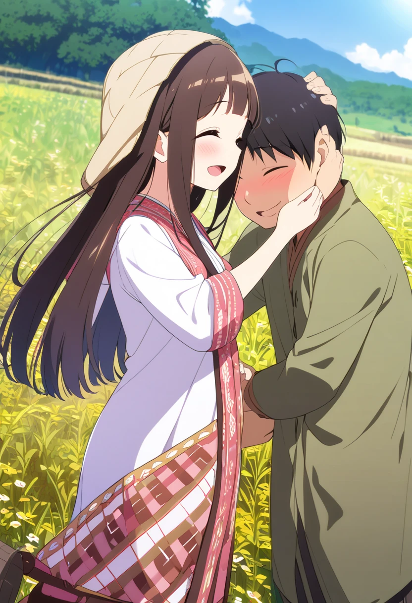  top quality 、 One Girl 、One Man、A man strokes a girl's head 、Tiny breasts、 shiny dark brown hair 、 long straight hair、Rural Areas、Villager clothes 、field、smile、A little blush、The sun shines in