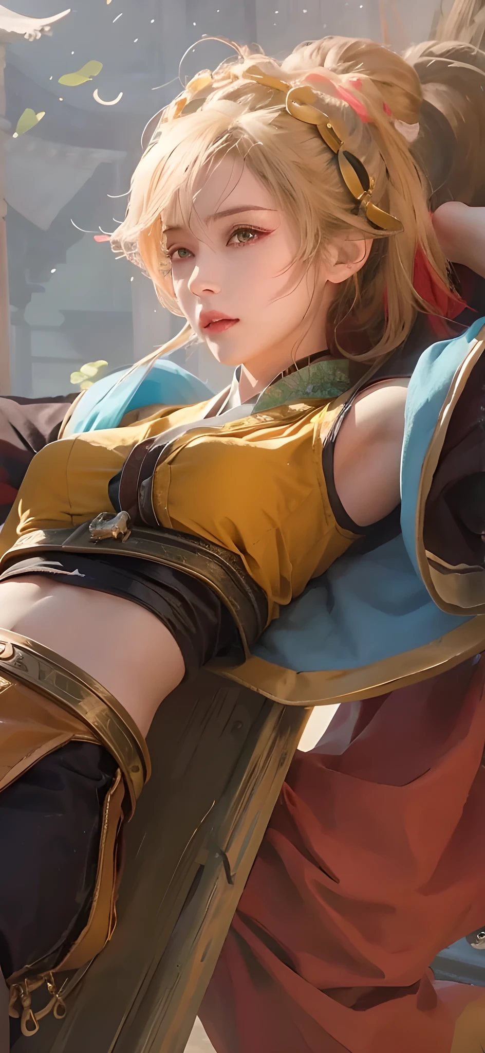 photorealistic, high resolution, 1women, mature female, solo, hips up, black hair, emma \(sekiro\), japanese clothes, kimono, single hair bun, haori, mature female