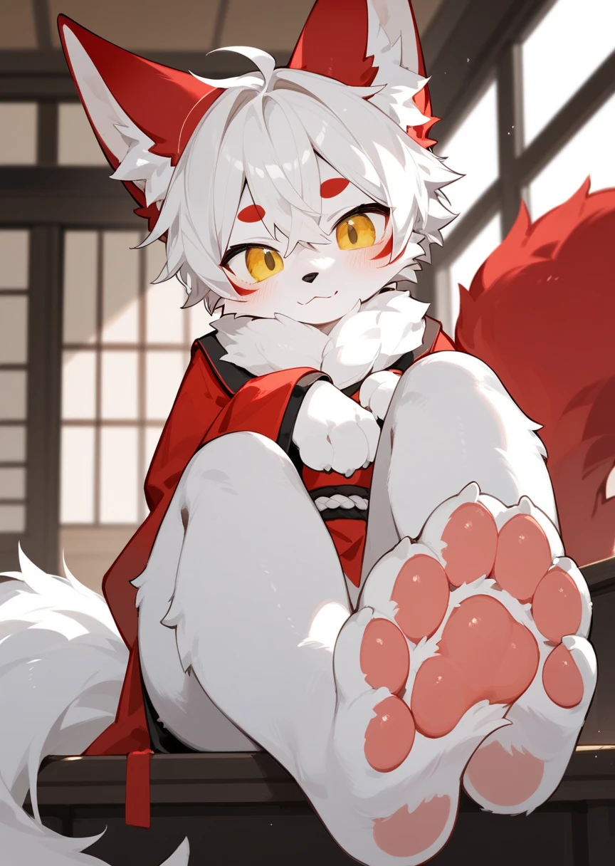 masterpiece,best quality,in the room，A cute fluffy furry kitsune male showing his feet,blush, Foot Focus,white fur with red ears, ,short white hair,half of tail is red,Anatomically correct, yellow eyes,fluffy leg, Look at the audience，scornful face