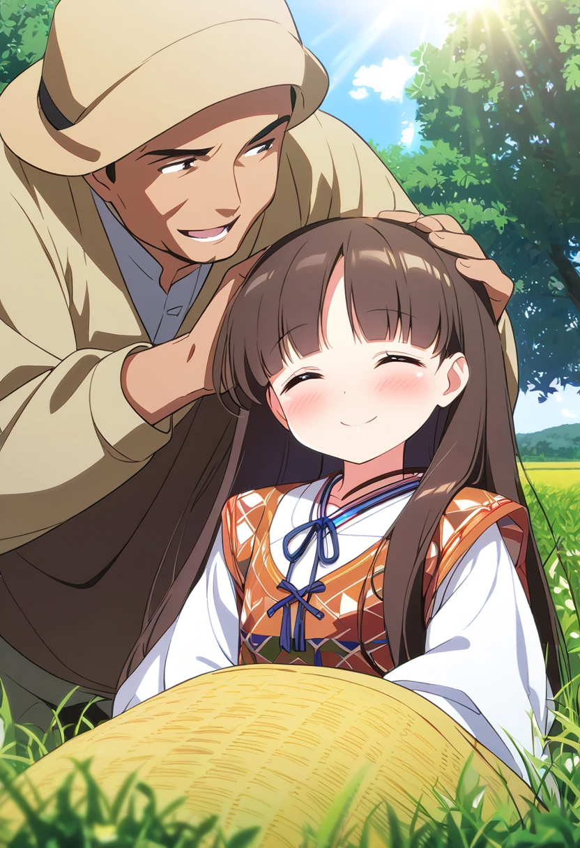  top quality 、 One Girl 、One Man、A man strokes a girl's head 、Tiny breasts、 shiny dark brown hair 、 long straight hair、Rural Areas、Villager clothes 、field、smile、A little blush、The sun shines in