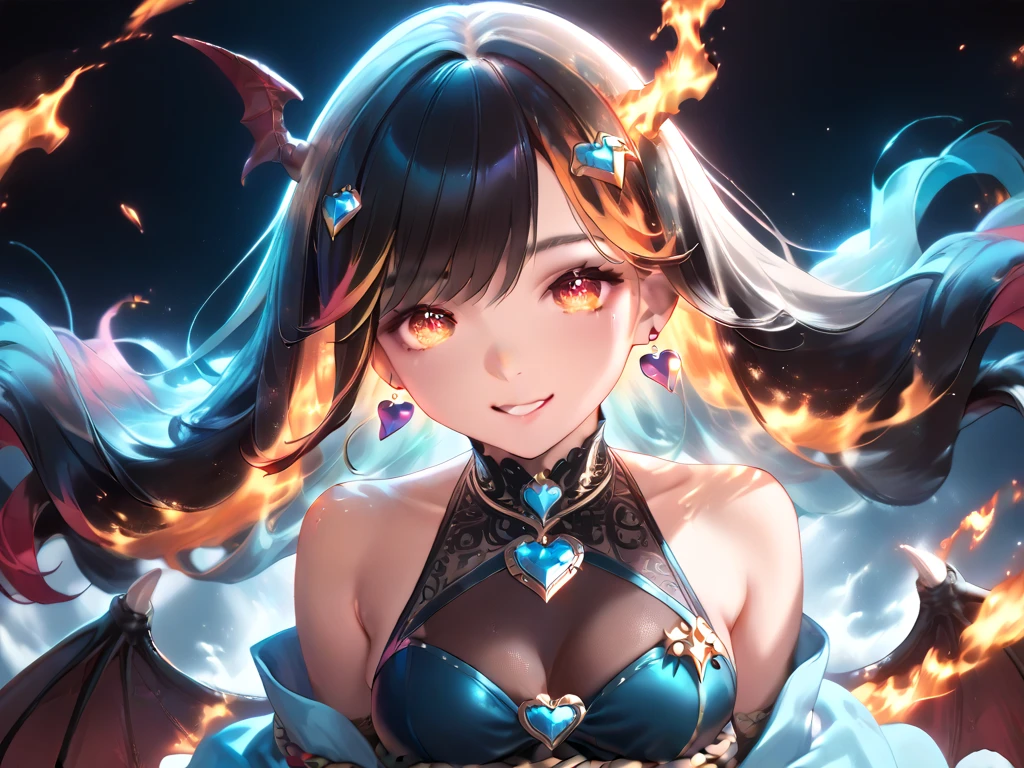  one woman　 Long Shot 　Highly saturated images　 anatomically correct 　 high res　 top quality 　Seven-colored hair　Multicolored Hair　Rainbow Skin Bondage　Devil&#39;s Wings　 Fire Jewel Hair Ornament　A gentle smile　The expression of falling in love　Burning City　fire　 Magical Eyes　Very Pretty Eyes 