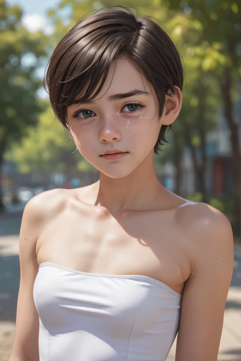 ((Femboy)), Shorthaircut Stylish, adorable, 1 femboy, (face to face), , ((*********)), (cry sad face expression), half body portrait, (face details: 1), (eye details: 1), ((Tiny breasts:1.3)), Cute posed. proportional body. Ultra High Res. realistic: 1.4, UHD, MINI STRAPLESS 