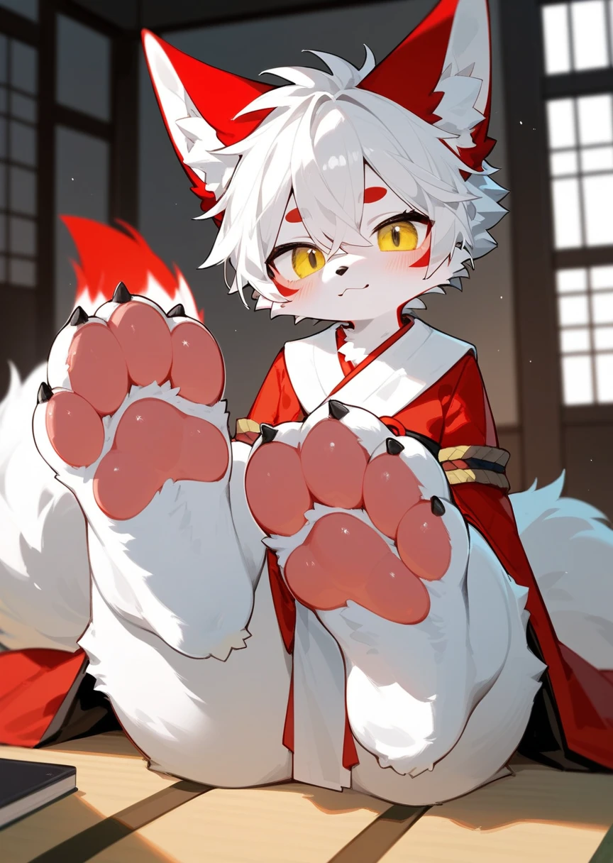 masterpiece,best quality,in the room，A cute fluffy furry kitsune male showing his feet,blush, Foot Focus,white fur with red ears, ,short white hair,half of tail is red,Anatomically correct, yellow eyes,fluffy leg, Look at the audience，scornful face