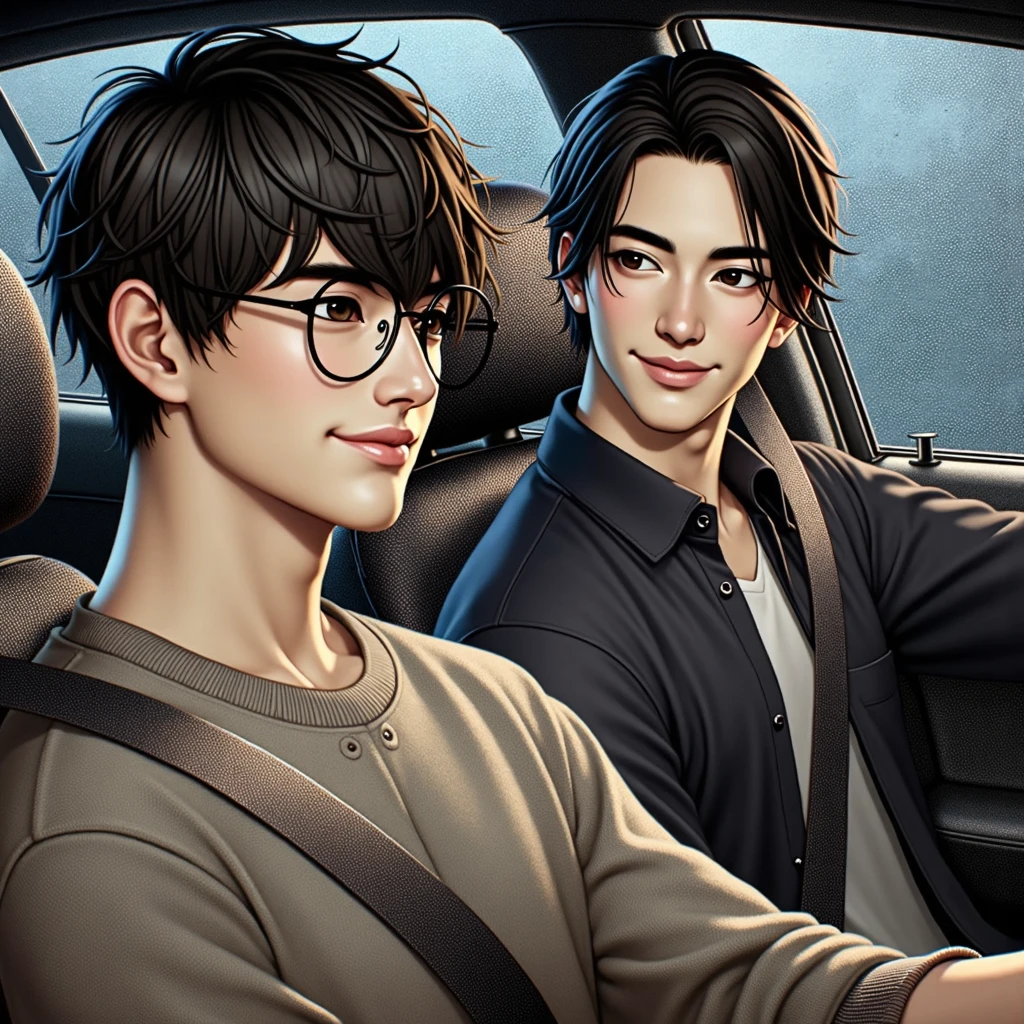 Male with 2 Asian faces,Shop for car supplies in casual wear at the auto supply supermarket,sface focus,Extreme depiction of facial detail