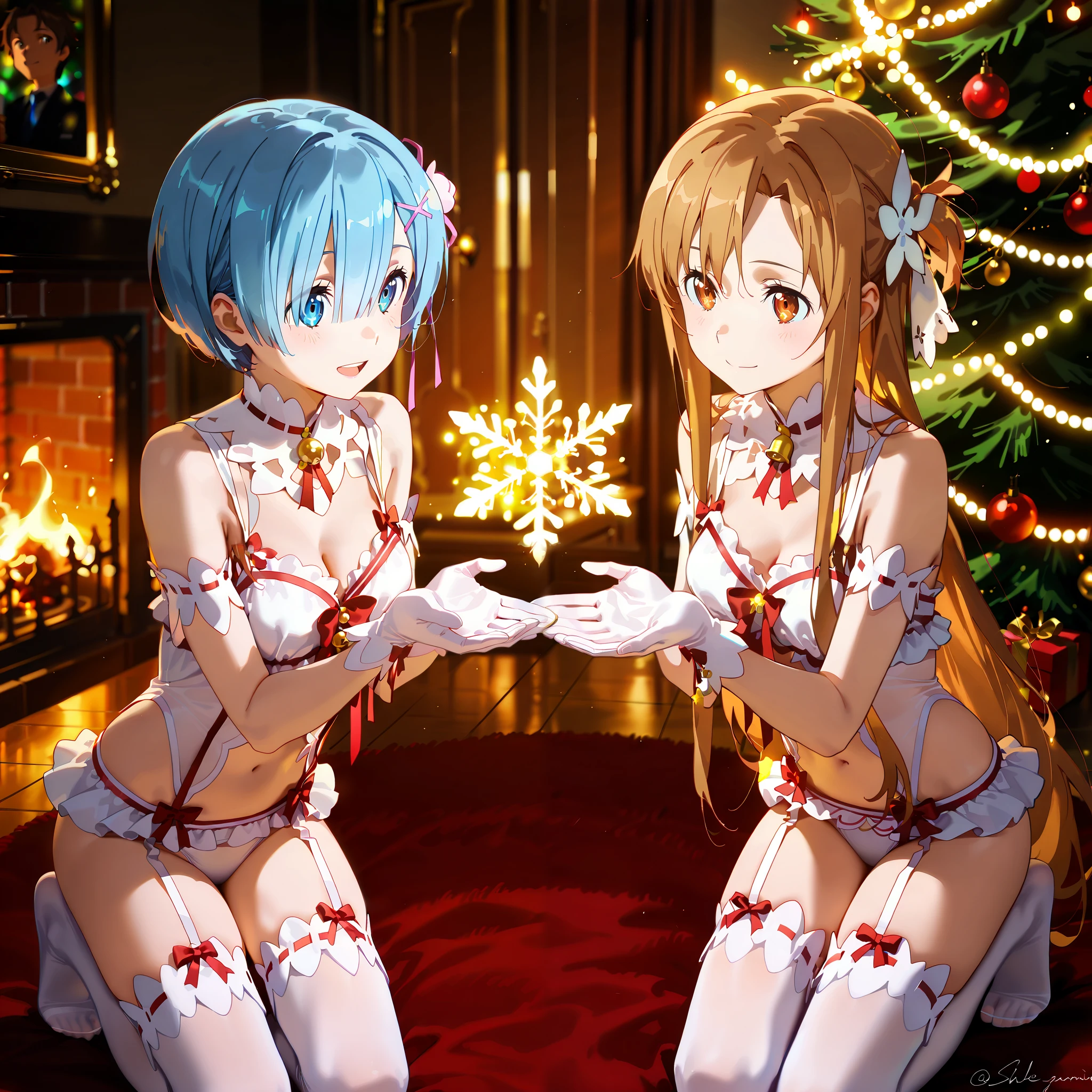 "A festive Christmas scene featuring iconic anime waifus, including Rem (Re:Zero) and Asuna Yuuki (Sword Art Online), gathered around a beautifully decorated Christmas tree. The waifus are wearing only red and white Christmas bikinis and Santa hats. The Christmas tree is tall and radiant, adorned with golden fairy lights, vibrant ornaments, and a glowing star at the top.

Rem is depicted with her signature soft, round face, deep blue eyes that are bright and expressive, and asymmetrical pastel blue hair styled with bangs falling to one side and a flower hairpin. She looks warm and gentle, with a soft smile. Asuna has refined features, almond-shaped bright hazel eyes, and long, silky caramel brown hair. She exudes confidence with a friendly expression and mature aura.

The waifus are engaged in cheerful activities: exchanging gifts, holding a cup of coffee, drinking coffee. The setting is a cozy living room with warm lighting, a crackling fireplace with stockings, and large windows showing a magical snowy night outside. Snowflakes fall gently, creating a serene and enchanting atmosphere.

The overall mood is joyful and festive, combining the magic of Christmas with anime charm."